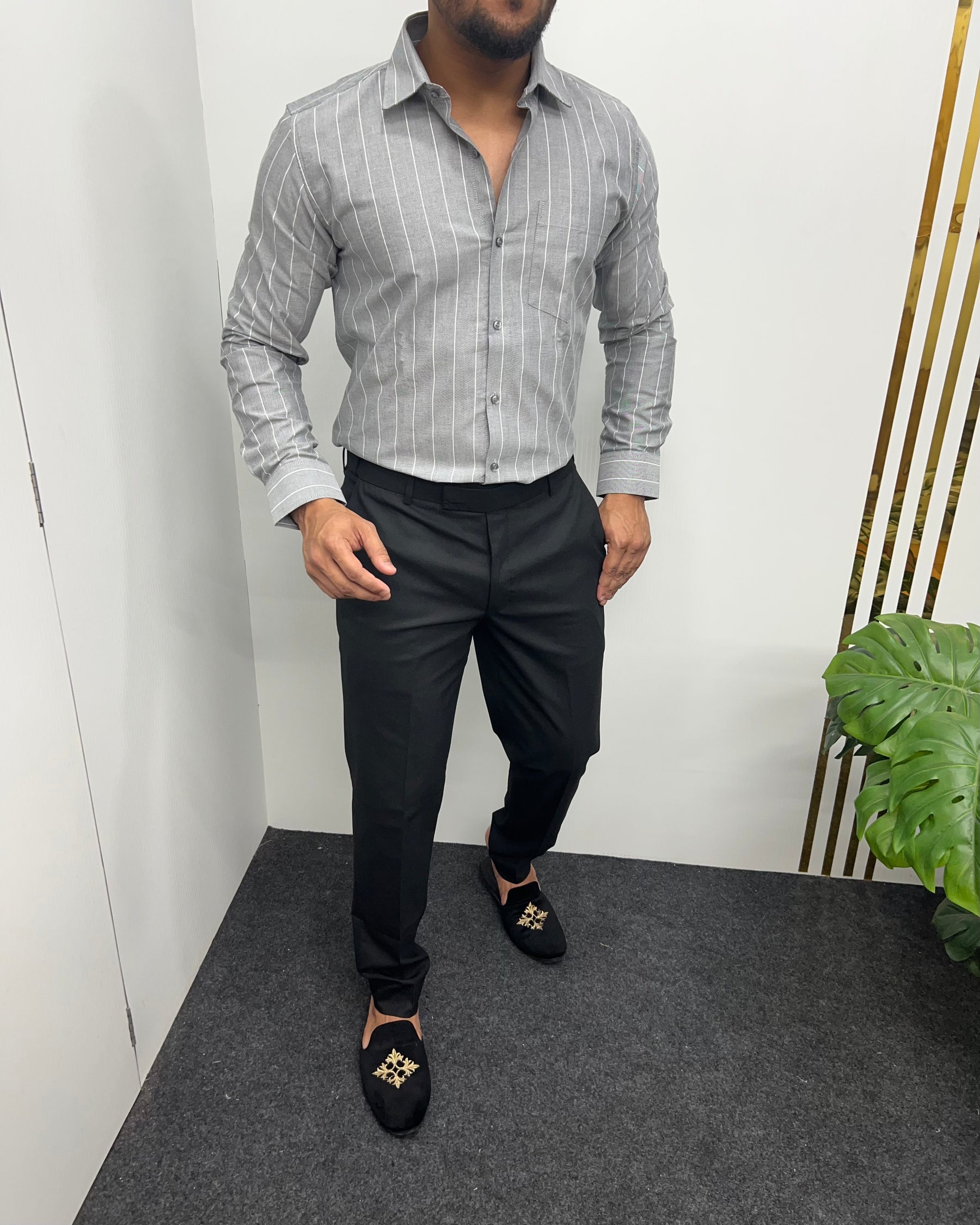 Gray Oxford Premium Fine Cotton Vertical Striped Shirt