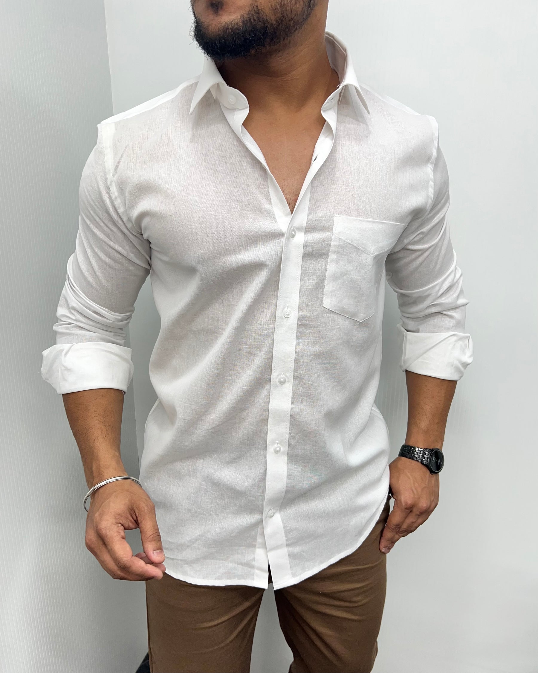 White Cotton Linen Premium Full Sleeve Shirt