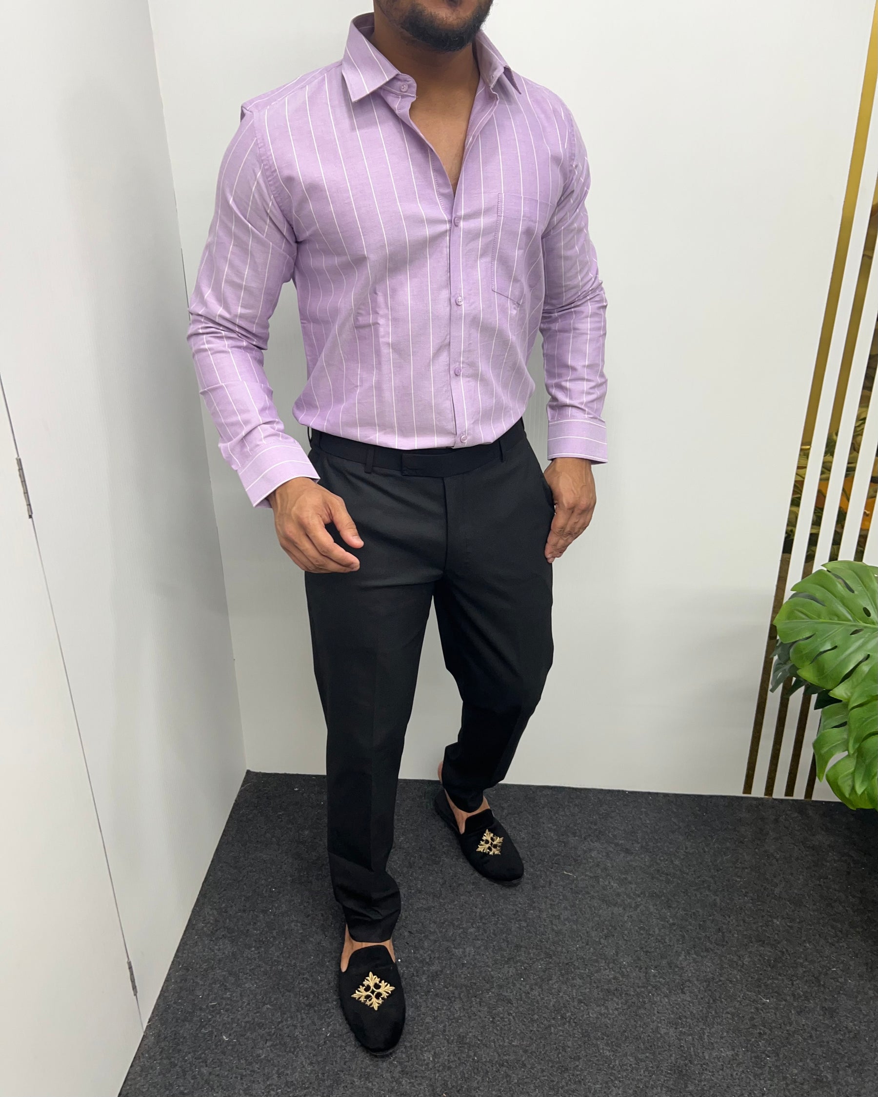 Lavender Oxford Premium Fine Cotton Vertical Striped Shirt