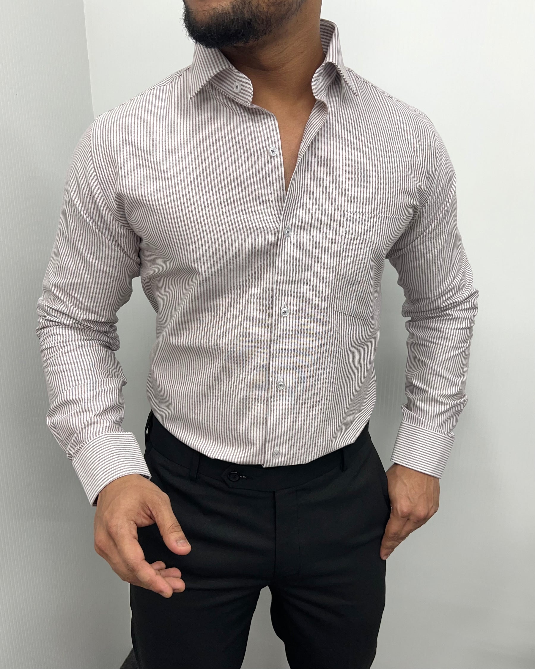 Brown Oxford Very Premium Fine Cotton Fabric Vertical Striped Shirt