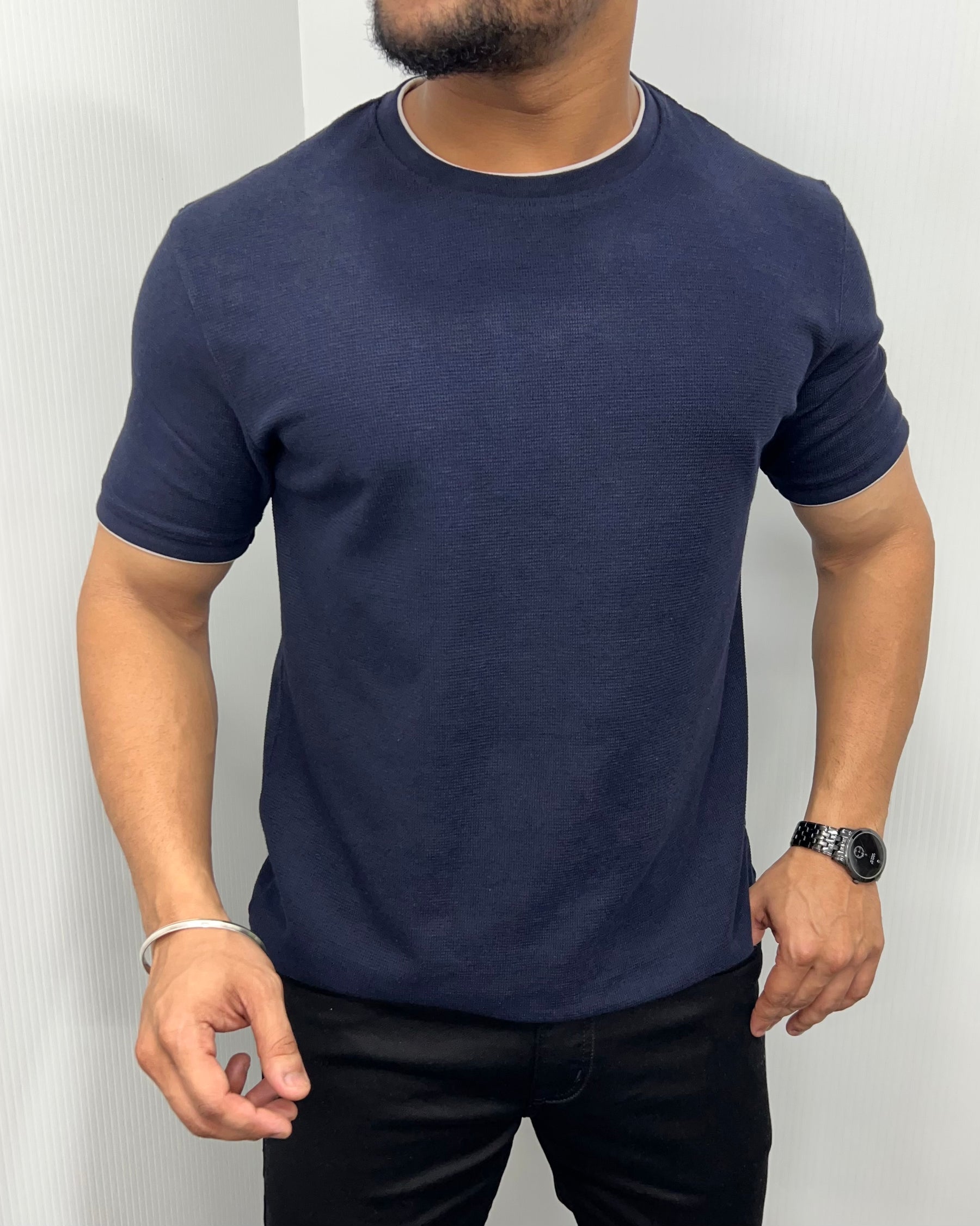 Navy Blue Plain Half Sleeve Knit T-Shirt