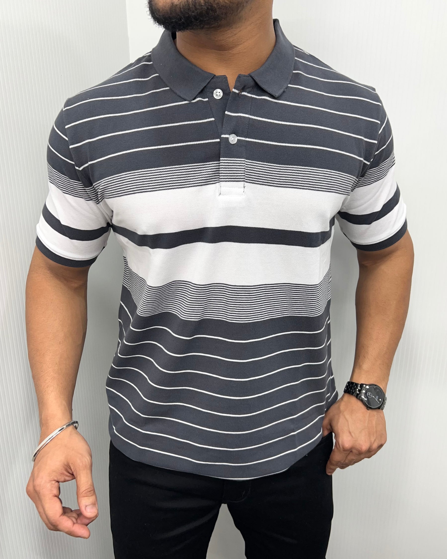 Dark Gray Collar Matty Striped T-Shirt