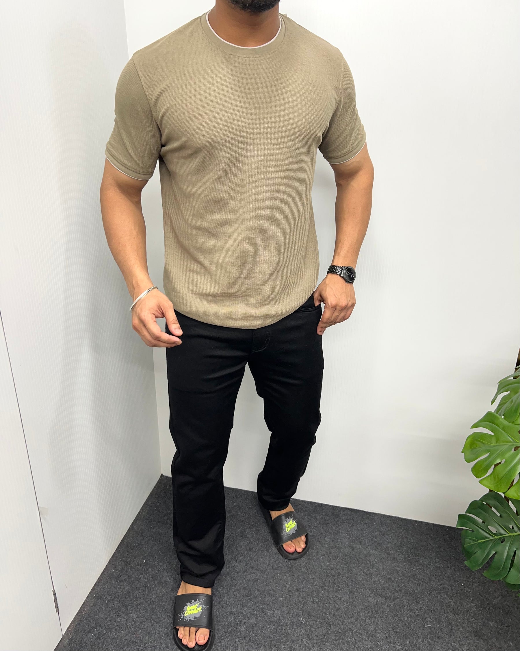 Khaki Plain Half Sleeve Knit T-Shirt