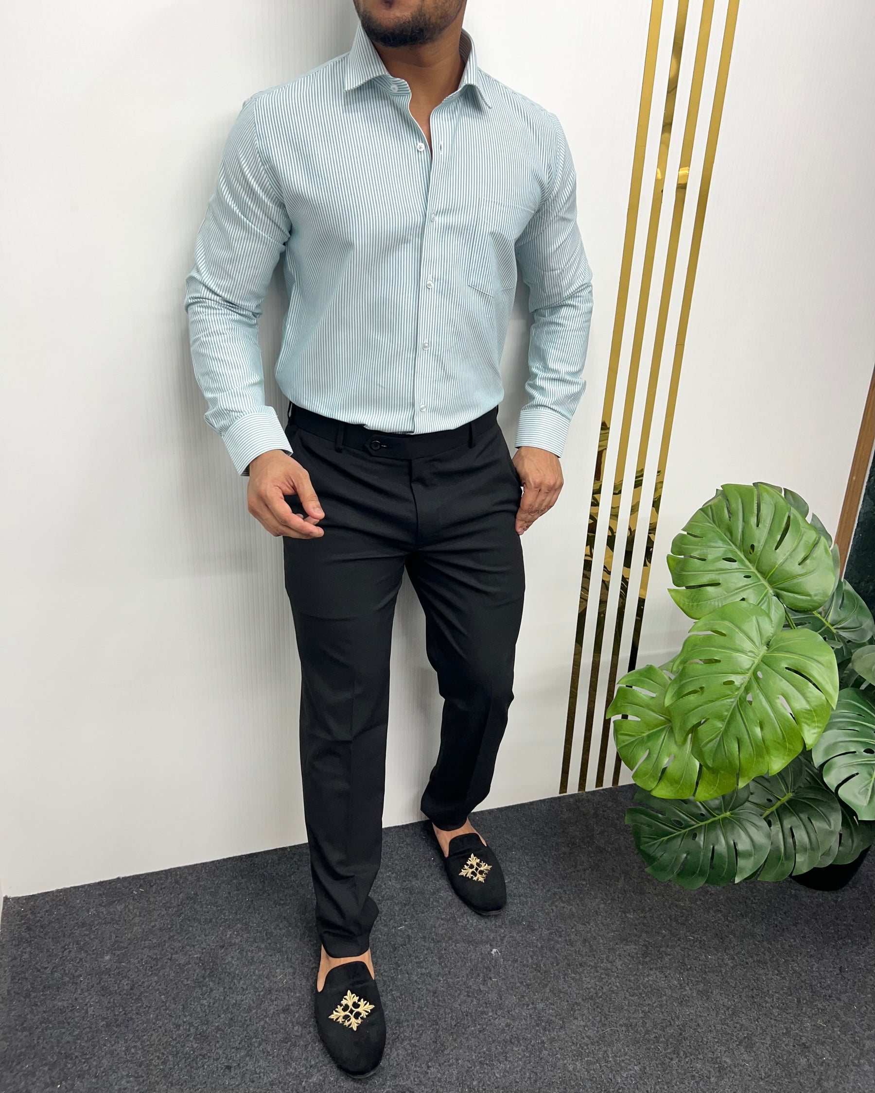 Sea Green Oxford Very Premium Fine Cotton Fabric Vertical Striped Shirt