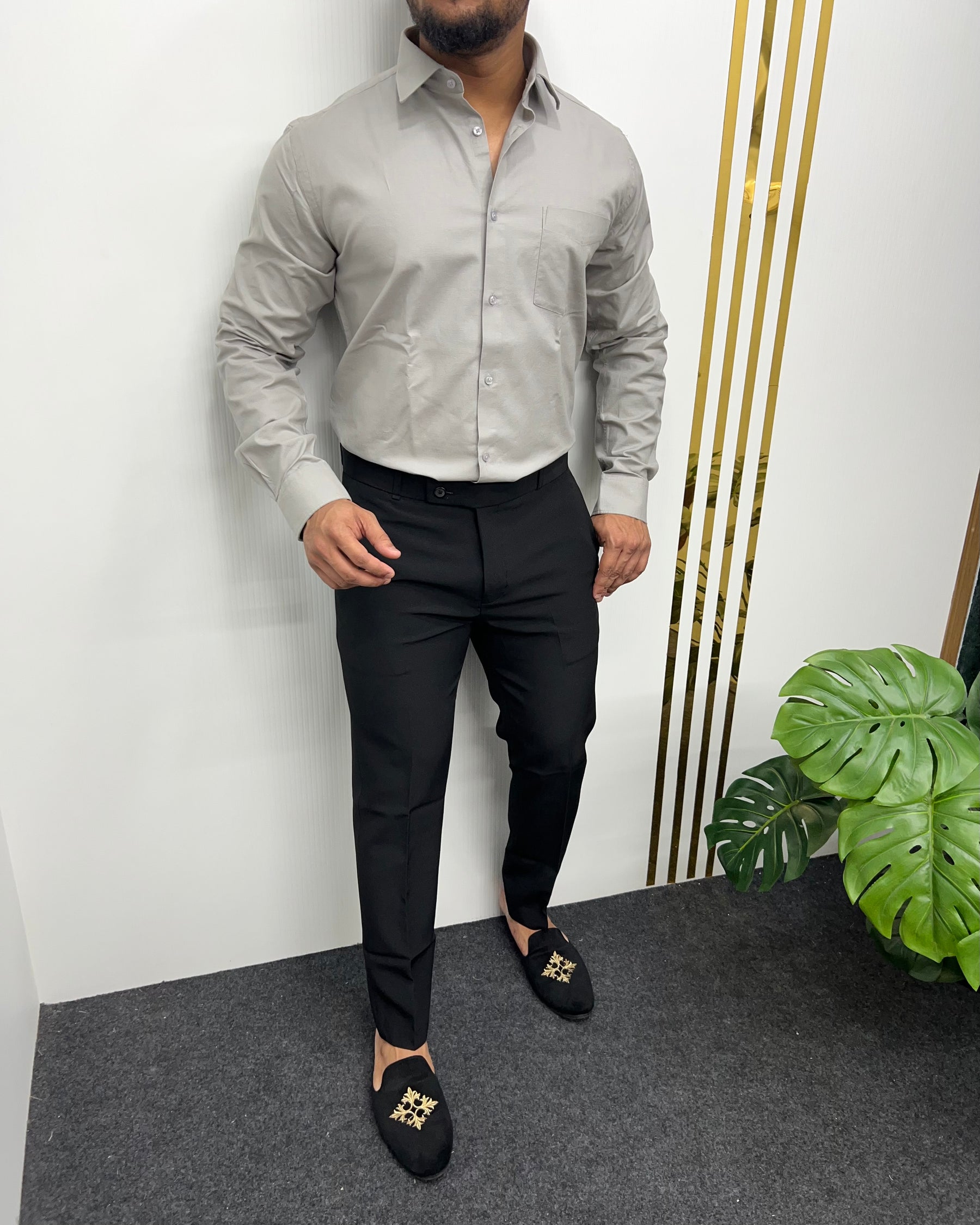 Cement Gray Business Class Oxford Lycra Formal Shirt