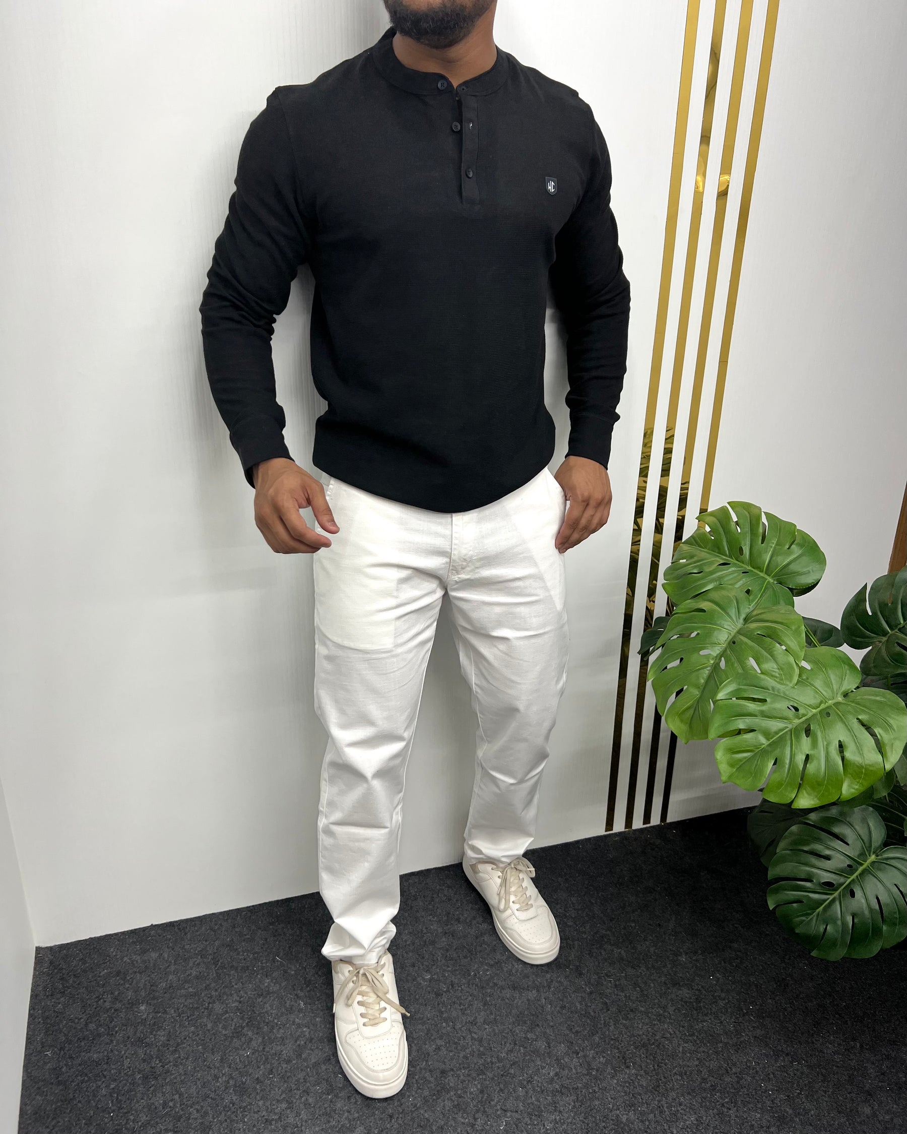 Black Premium Cotton Waffle Henley Neck Full Sleeve T-Shirt