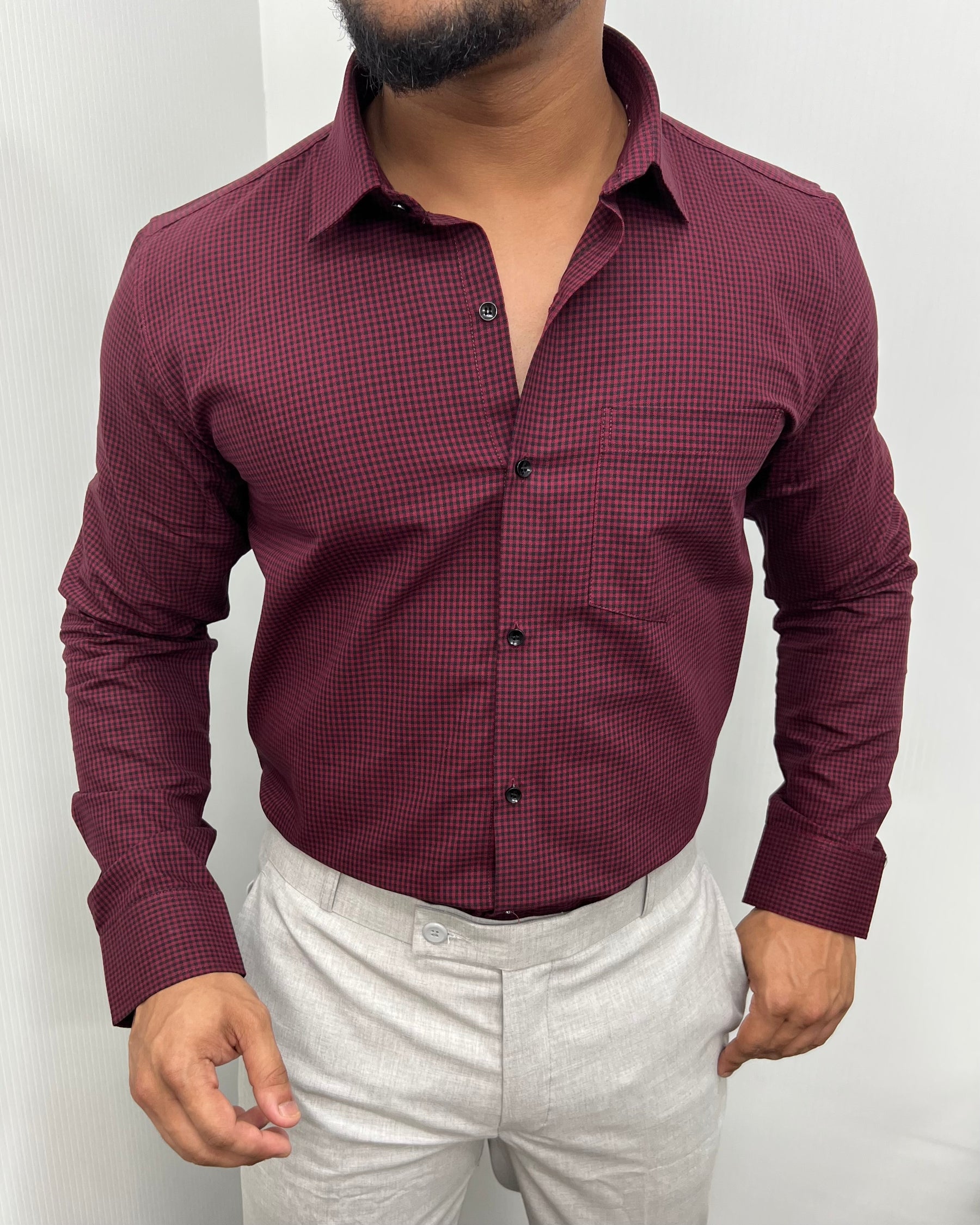 Maroon Cotton Gingham Checks Shirt