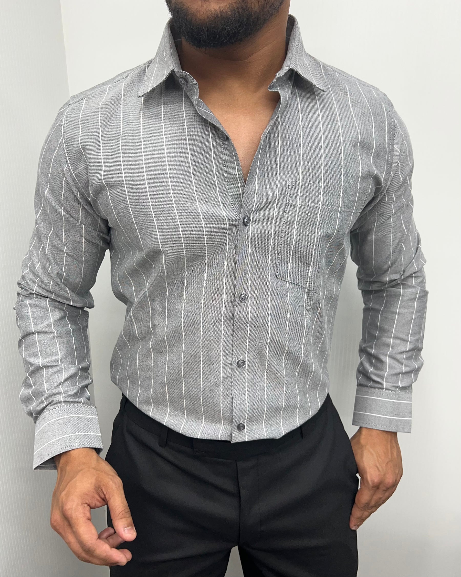 Gray Oxford Premium Fine Cotton Vertical Striped Shirt