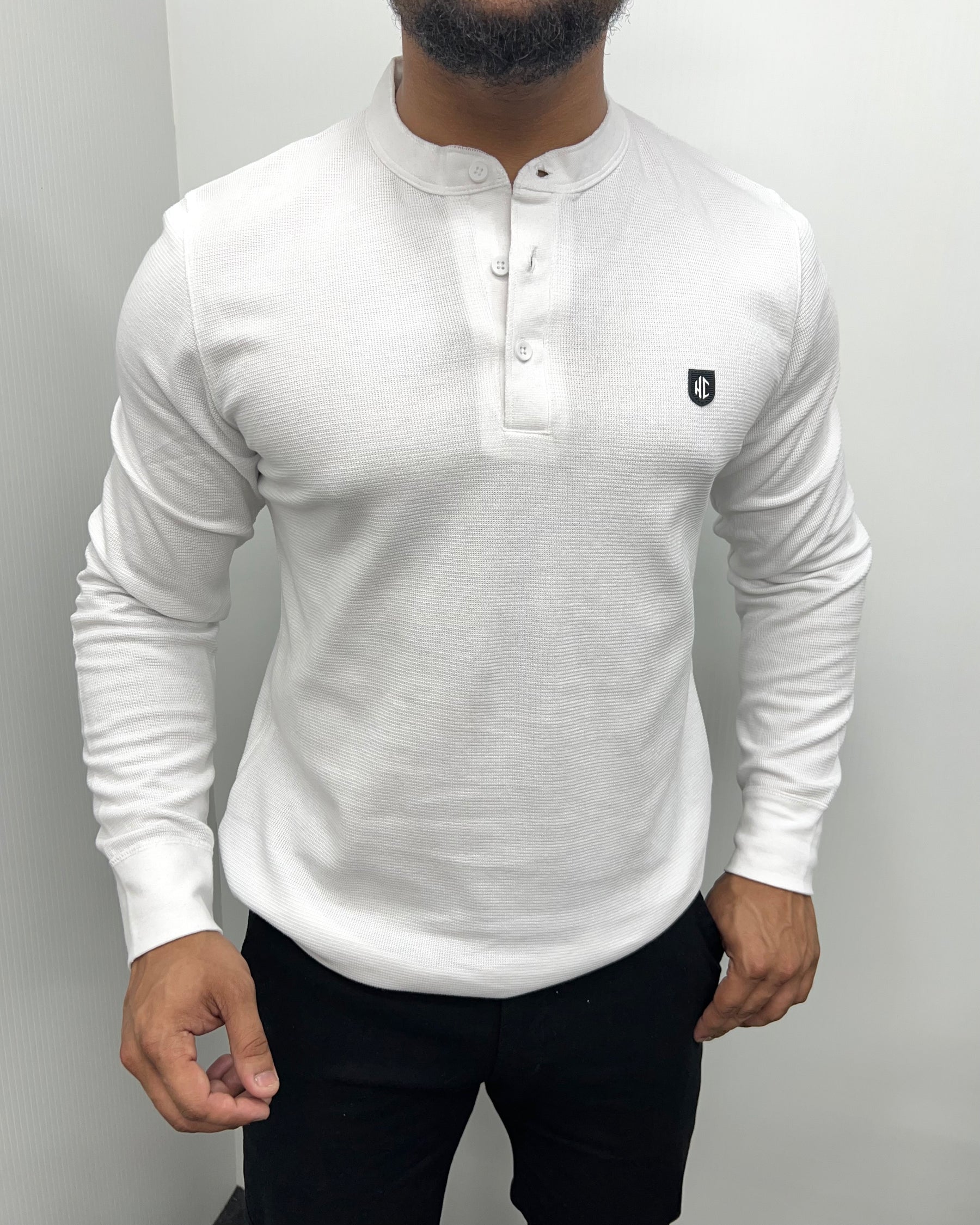 White Premium Cotton Waffle Henley Neck Full Sleeve T-Shirt