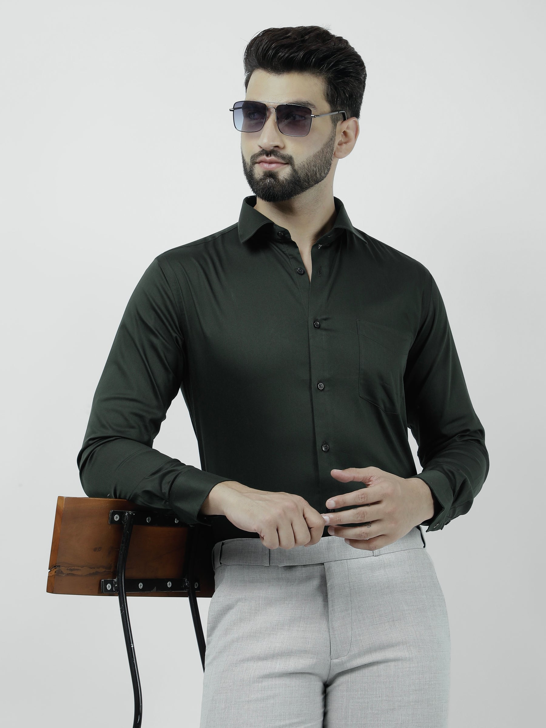 Plain Cotton Bottle Green Shirt