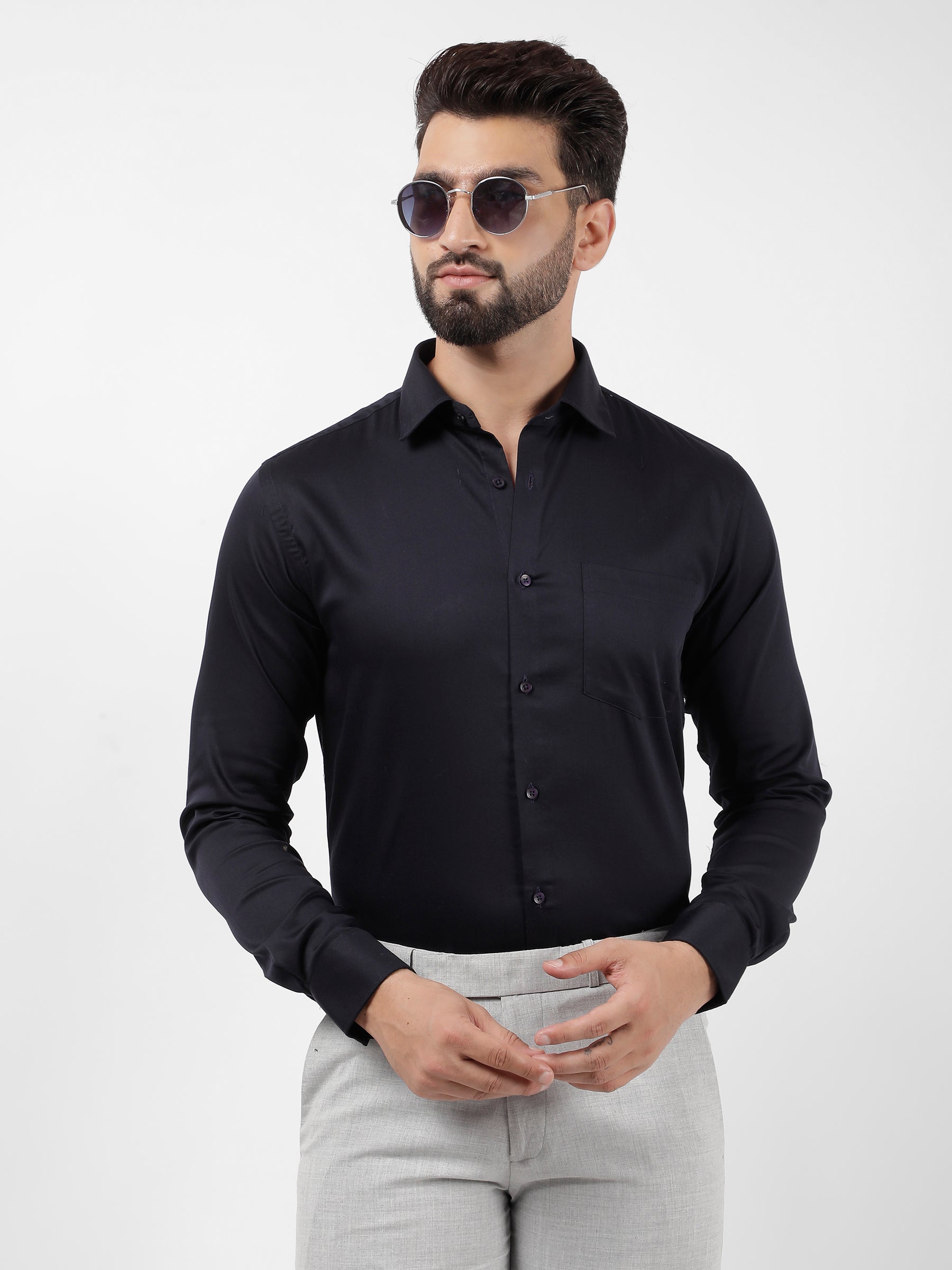 Plain Cotton Navy Blue Shirt