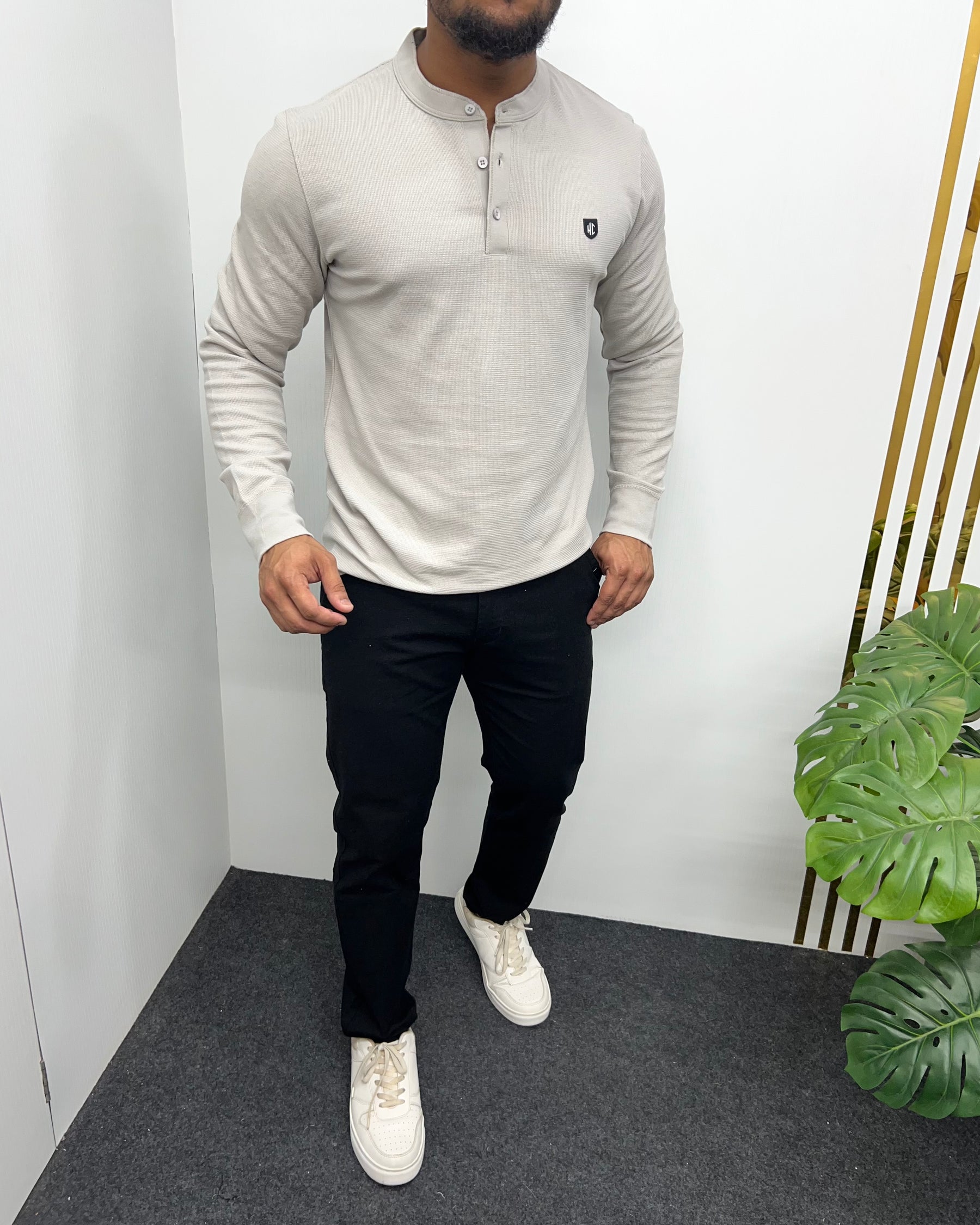 Light Gray Premium Cotton Waffle Henley Neck Full Sleeve T-Shirt