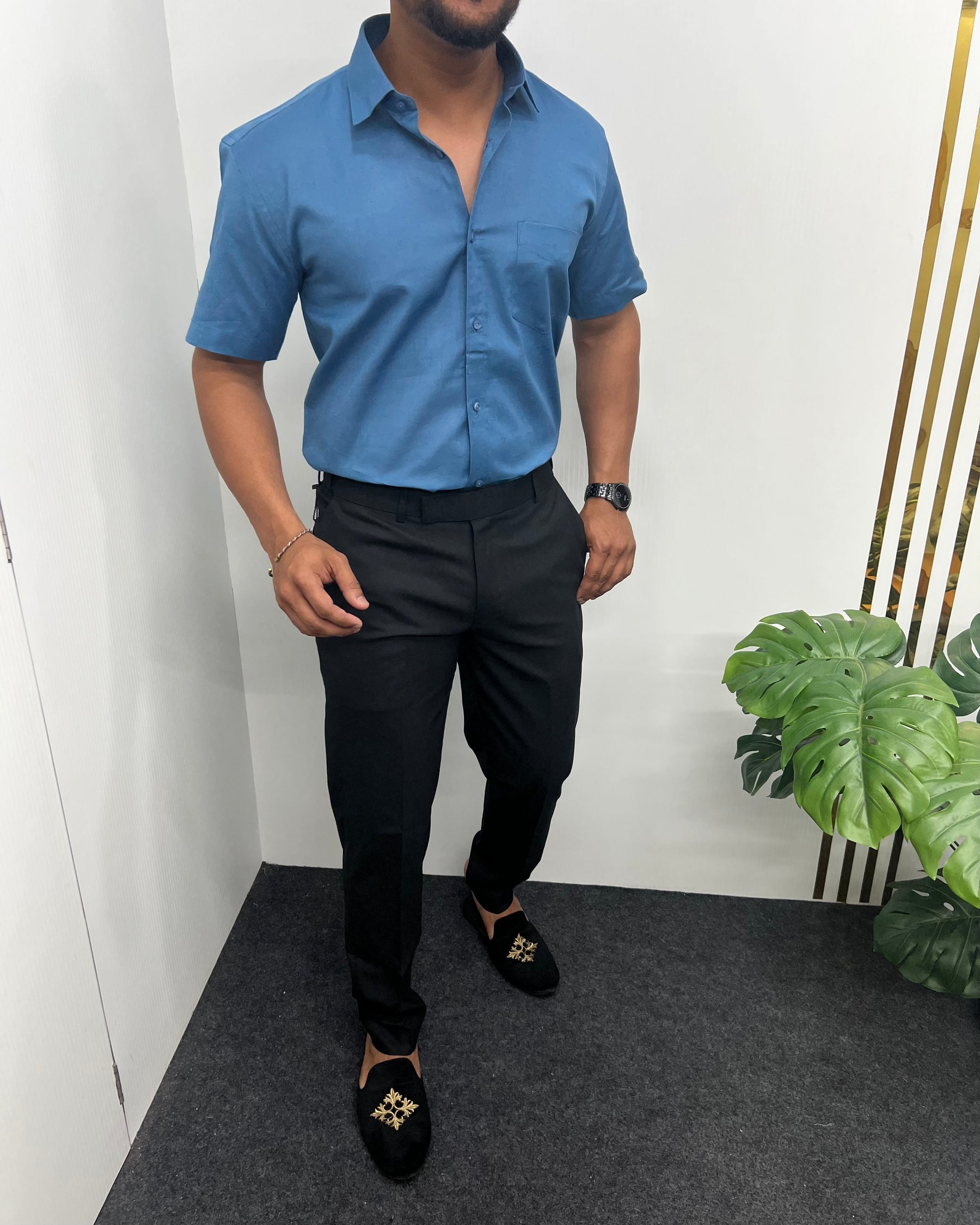 Pastel Blue Pure Cotton Linen Premium Half Sleeve Shirt