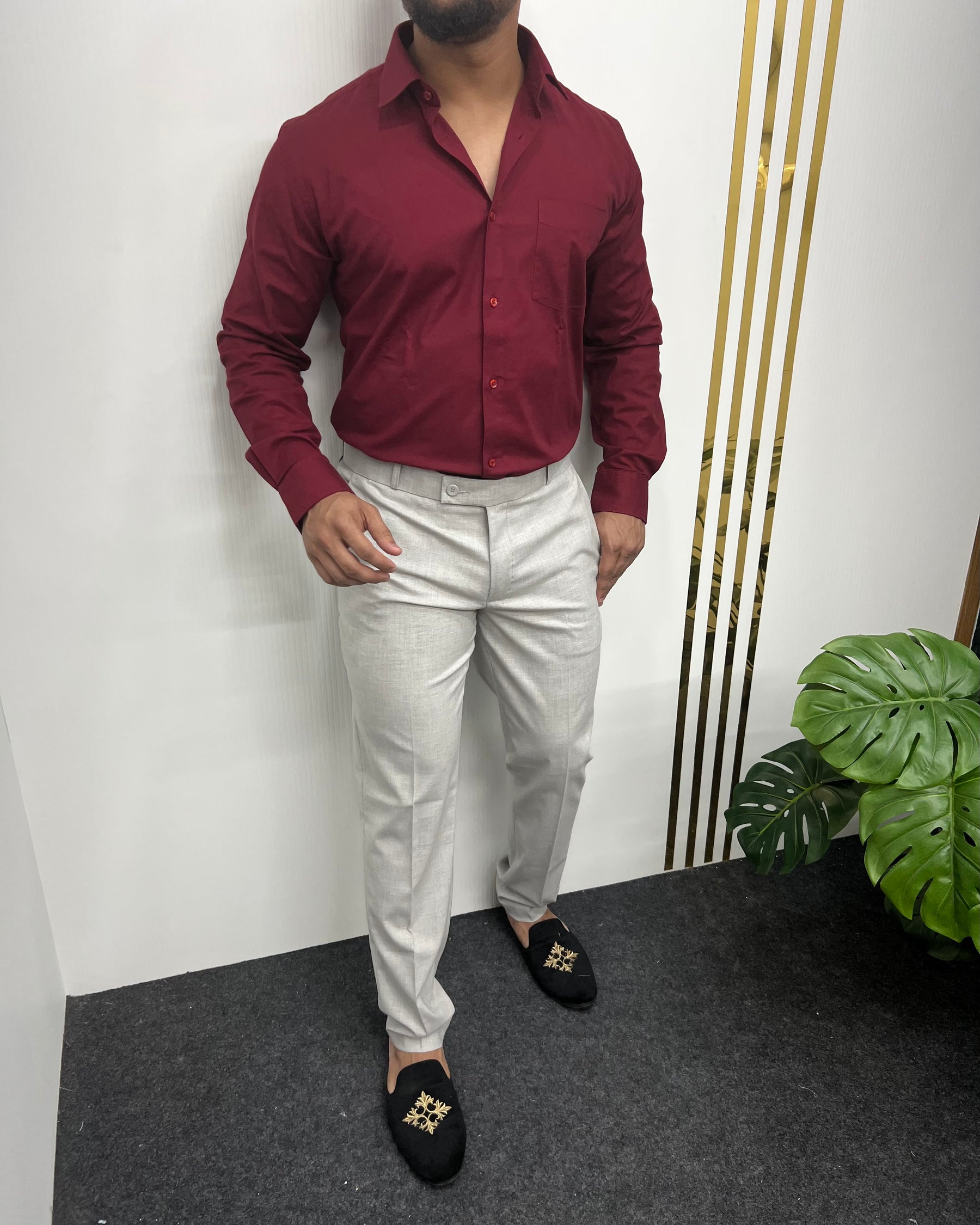 Red Maroon Business Class Oxford Lycra Formal Shirt