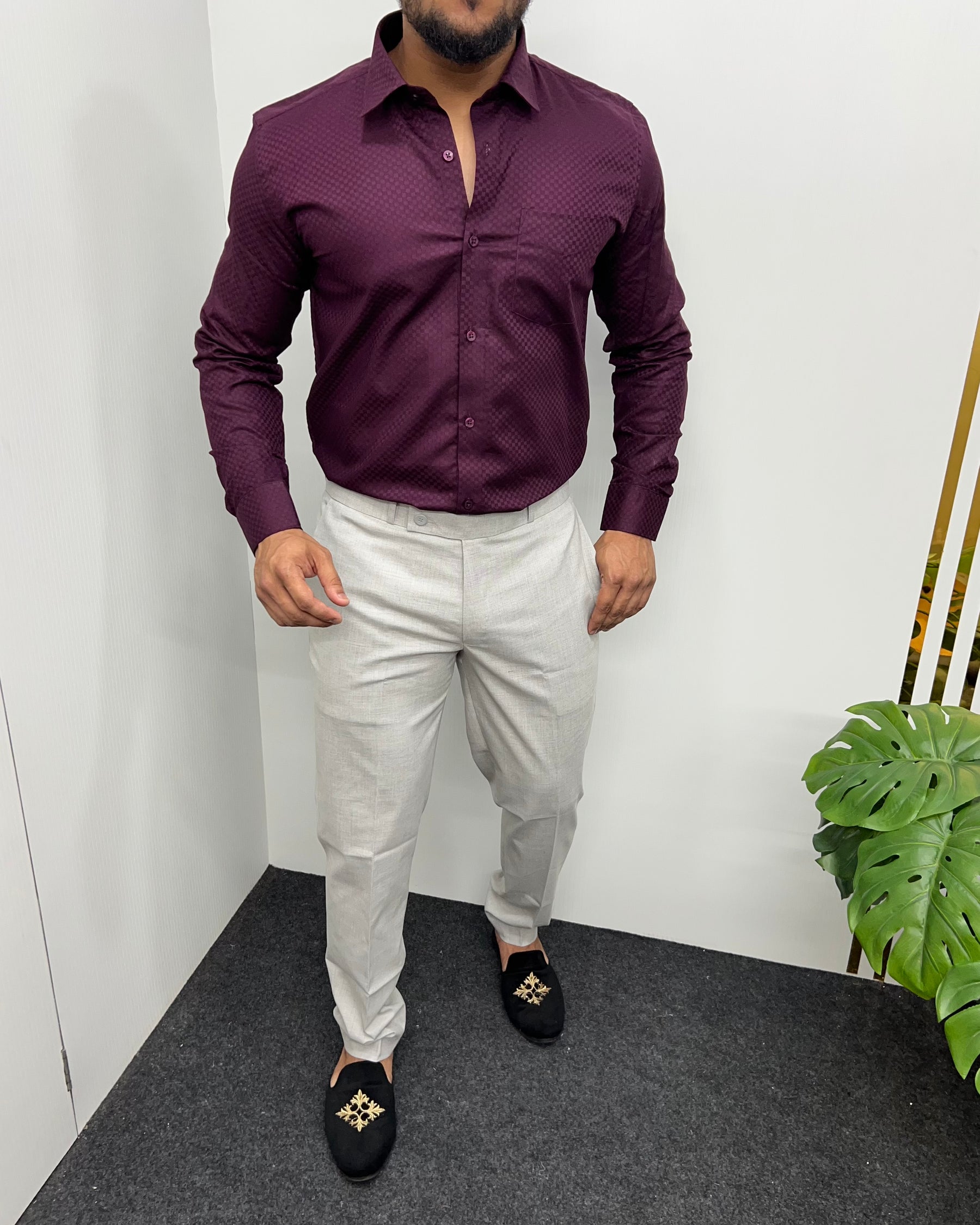 Wine Cotton Self Checks Shirt