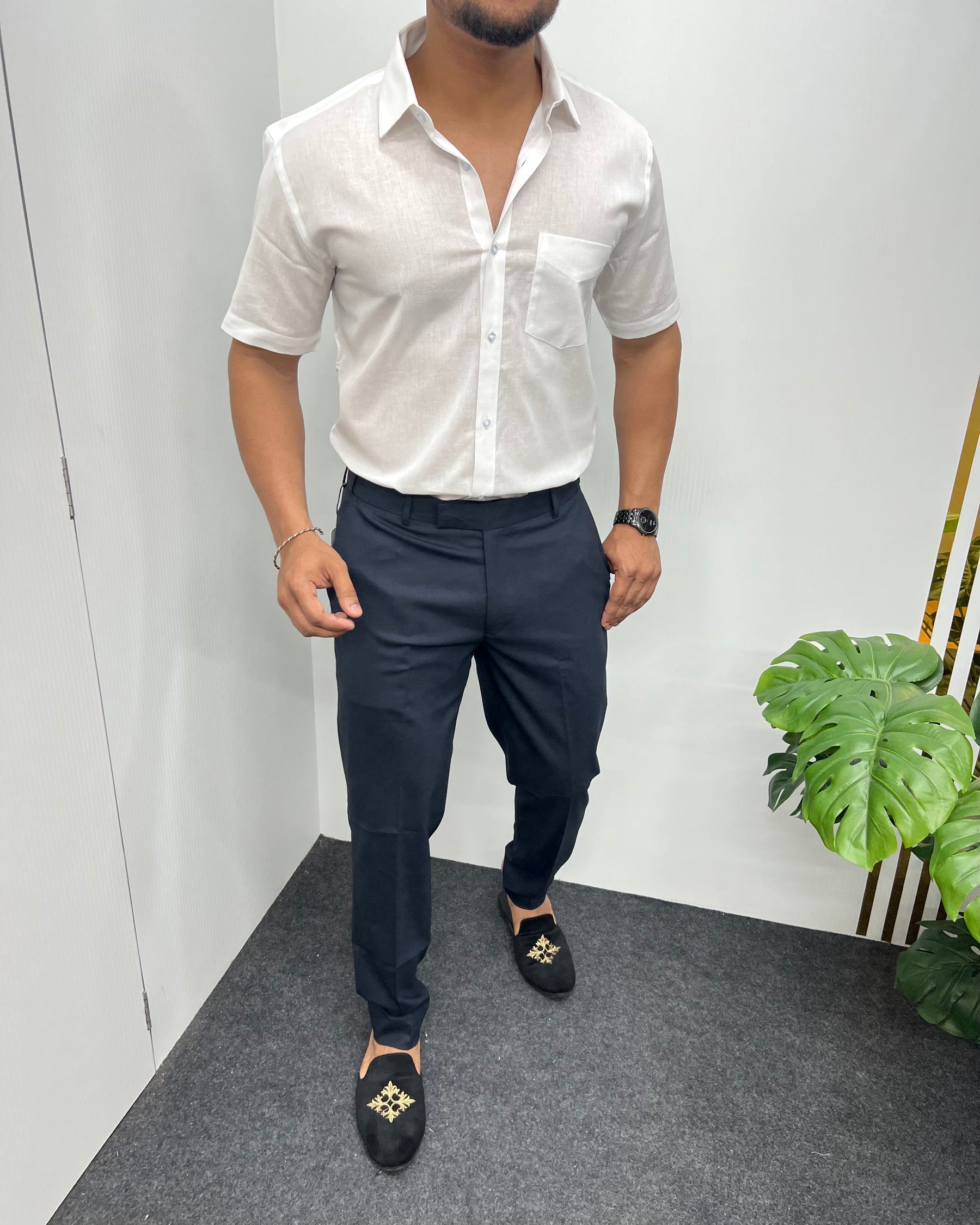 White Pure Cotton Linen Premium Half Sleeve Shirt