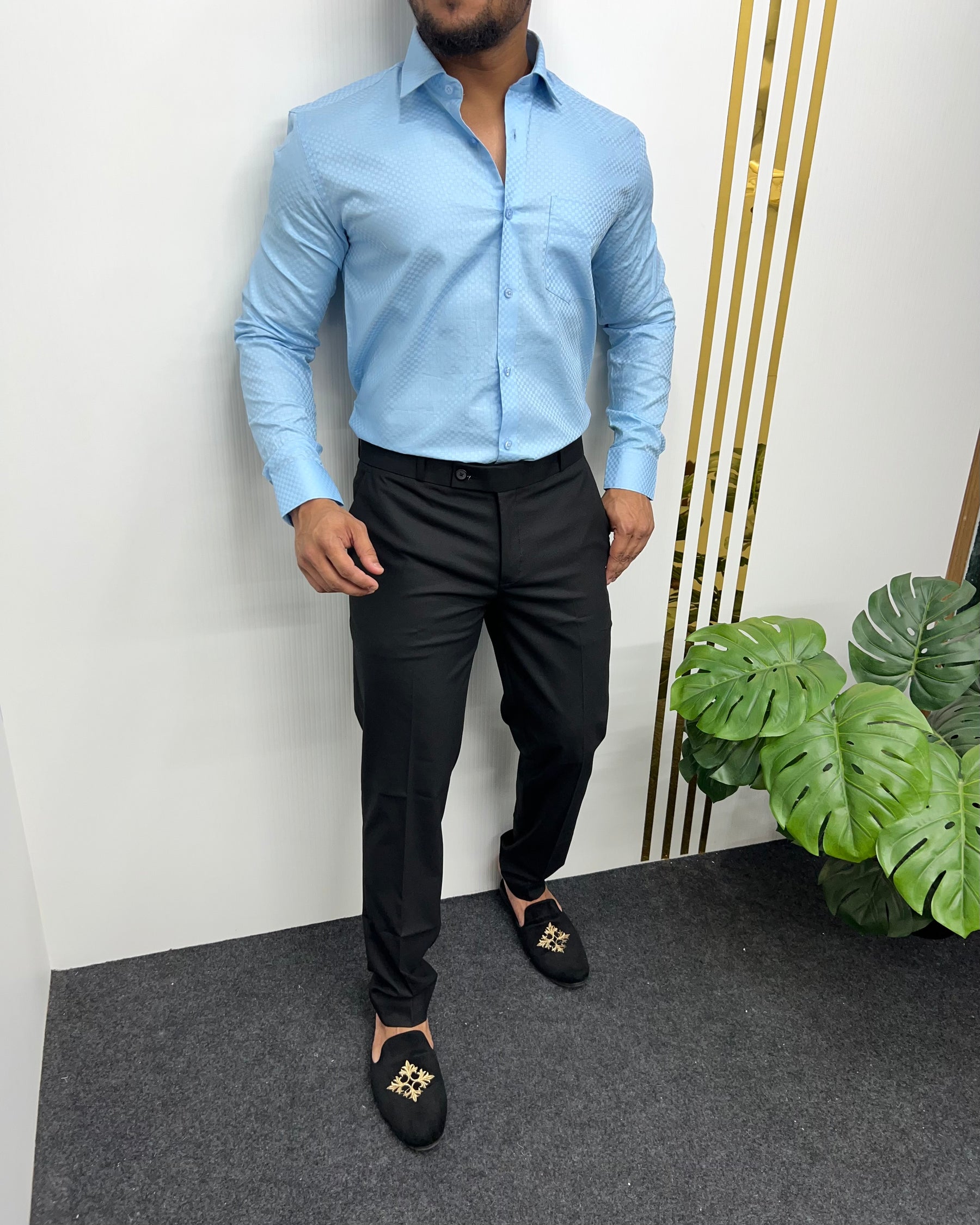 Sky Blue Cotton Self Checks Shirt