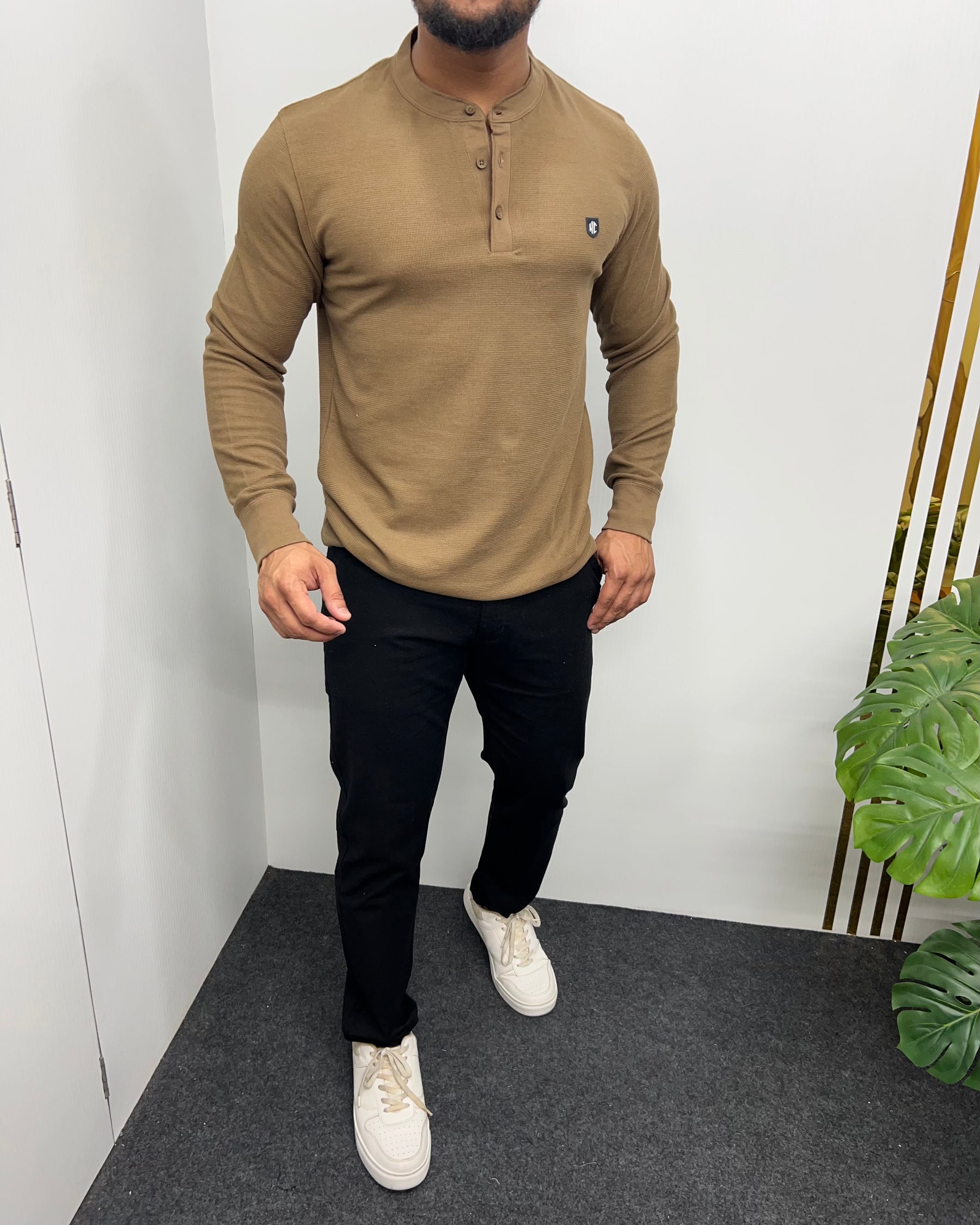 Brown Premium Cotton Waffle Henley Neck Full Sleeve T-Shirt