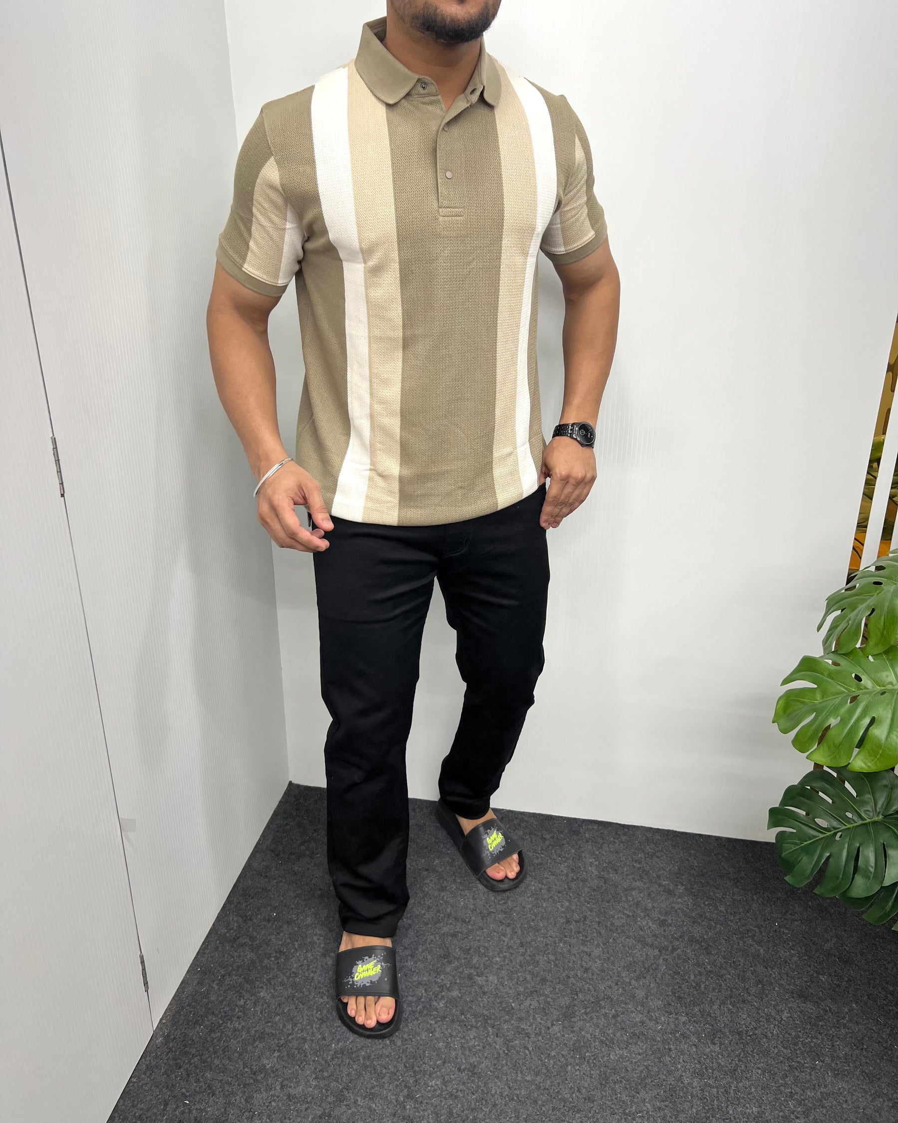Khaki Matty Structure Striped T-Shirt