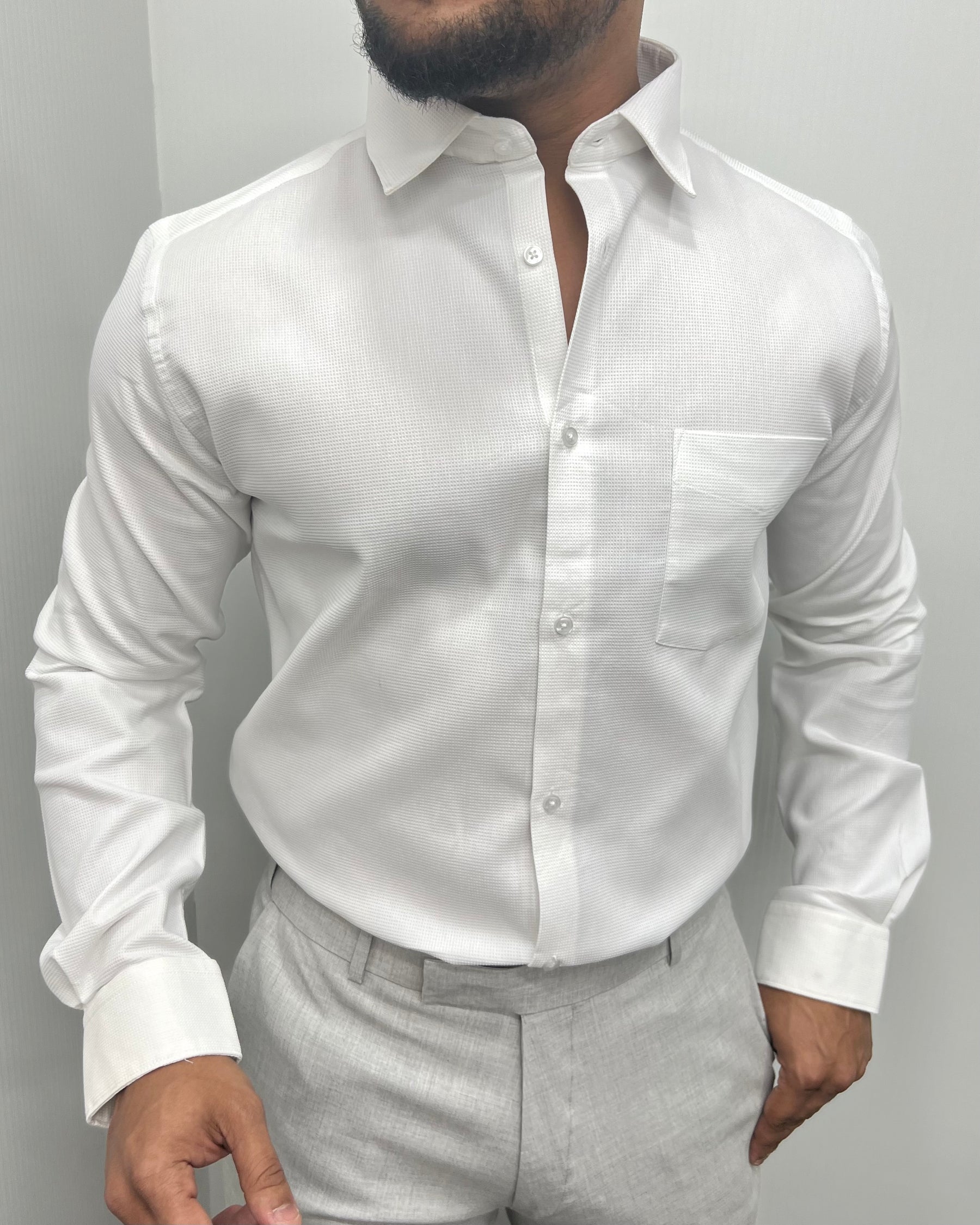 White Premium Cotton Polyblend Waffle Shirt