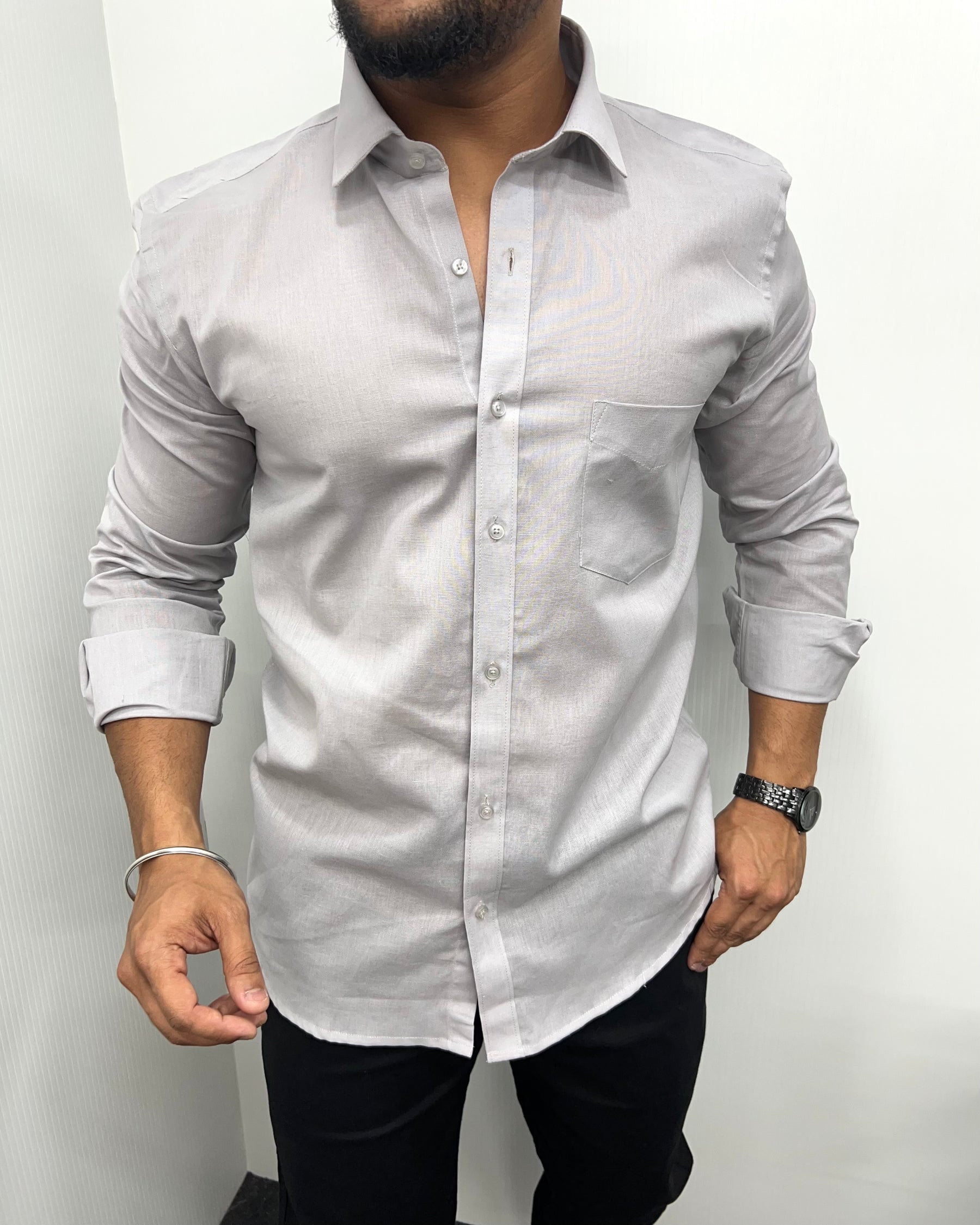Light Gray Pure Cotton Linen Premium Full Sleeve Shirt