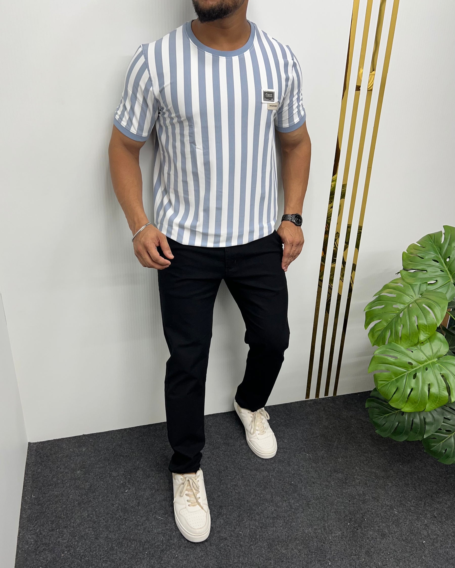 Sky Blue Imported Vertical Striped Round Neck T-Shirt