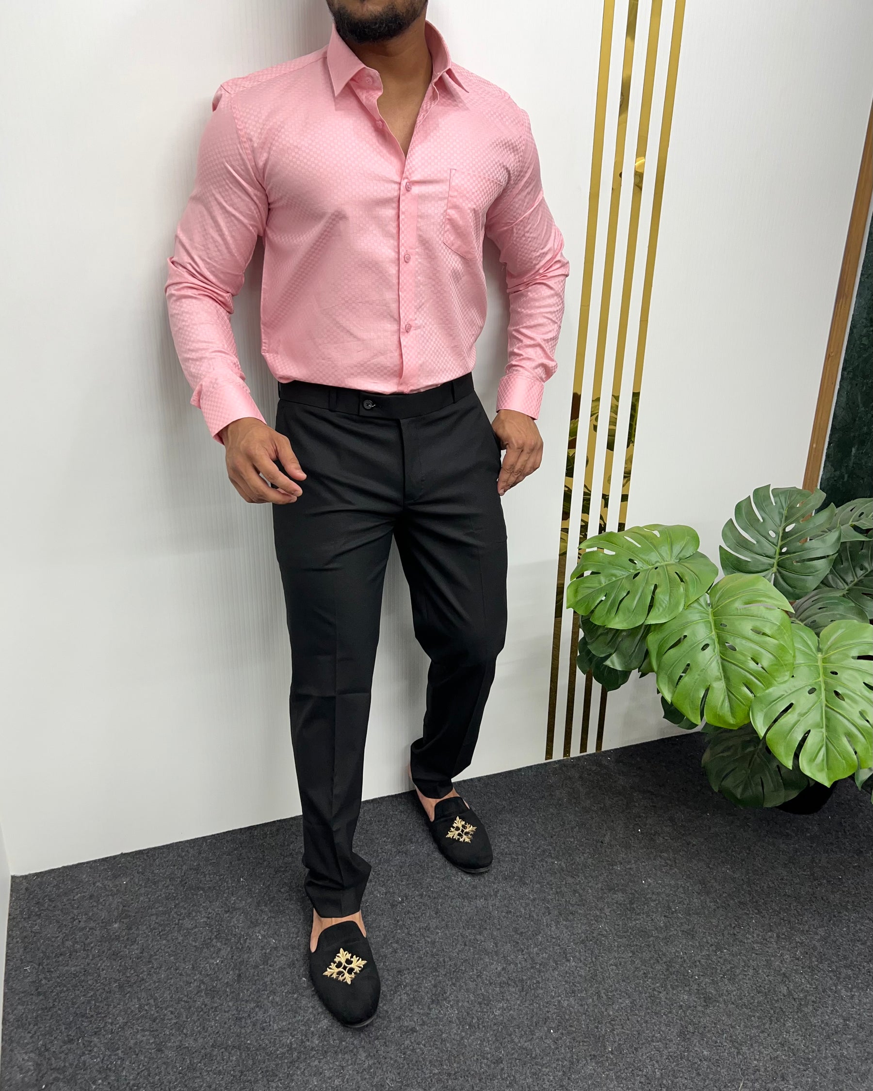Pink Cotton Self Checks Shirt