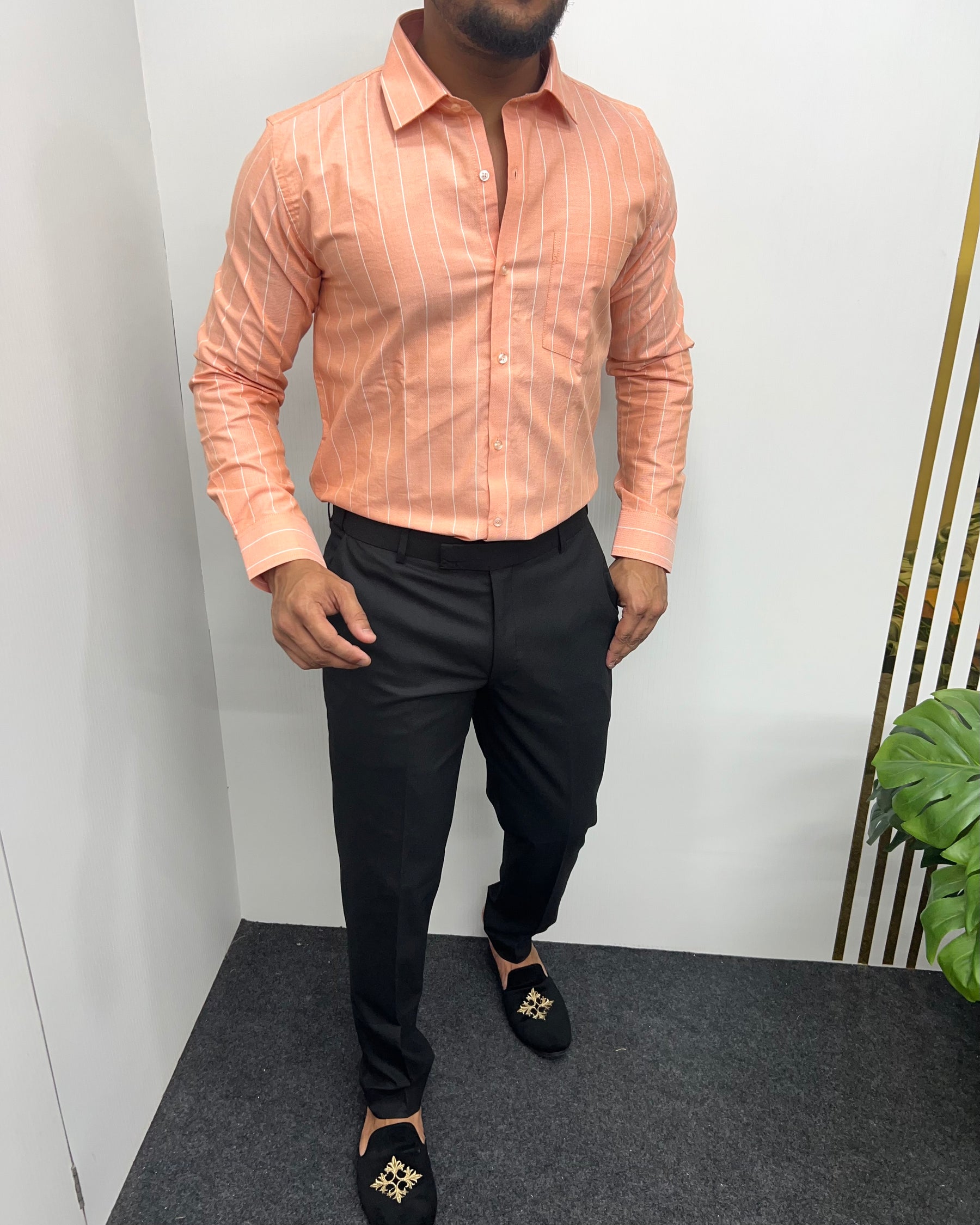 Pastel Orange Oxford Premium Fine Cotton Vertical Striped Shirt