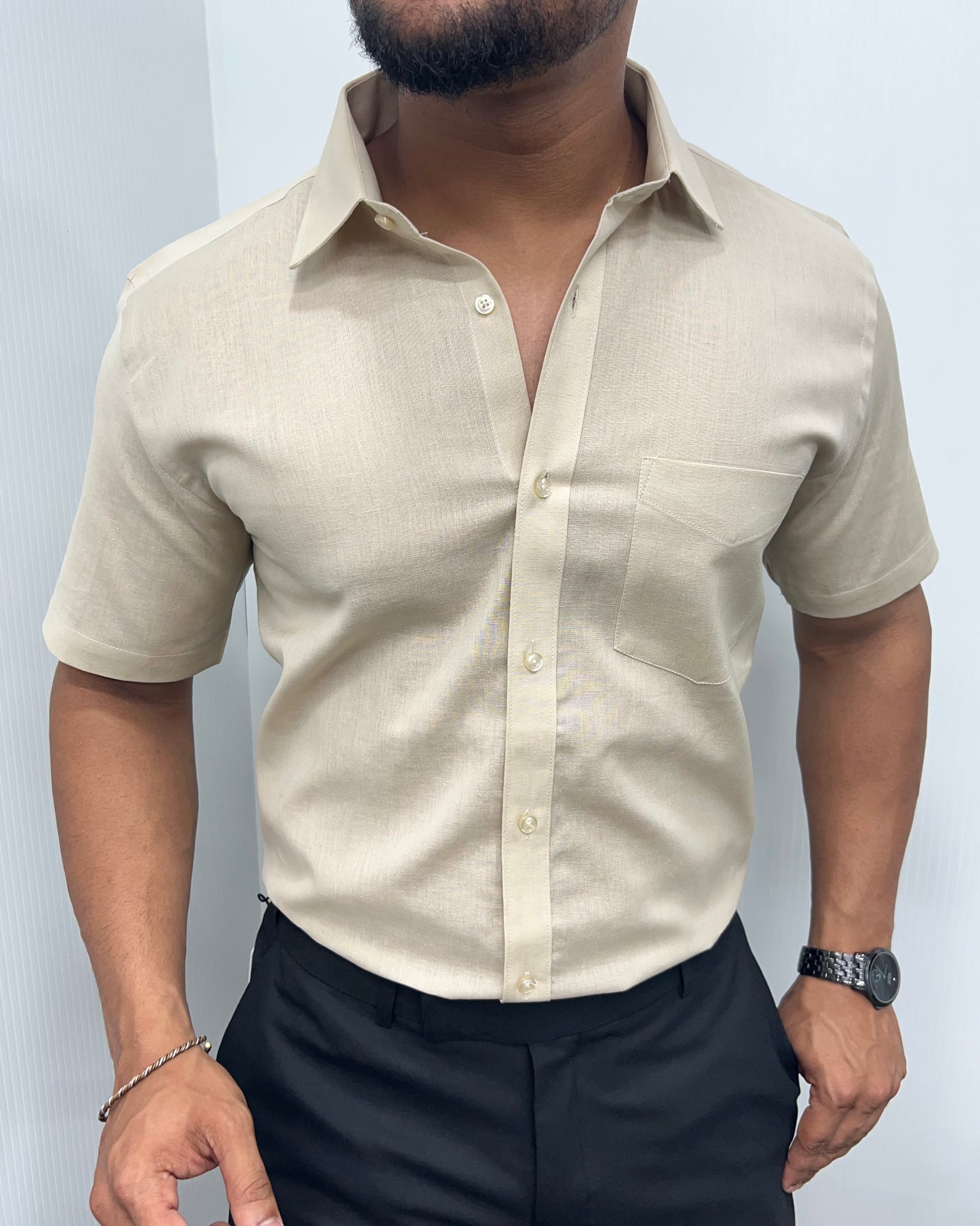 Beige Pure Cotton Linen Premium Half Sleeve Shirt