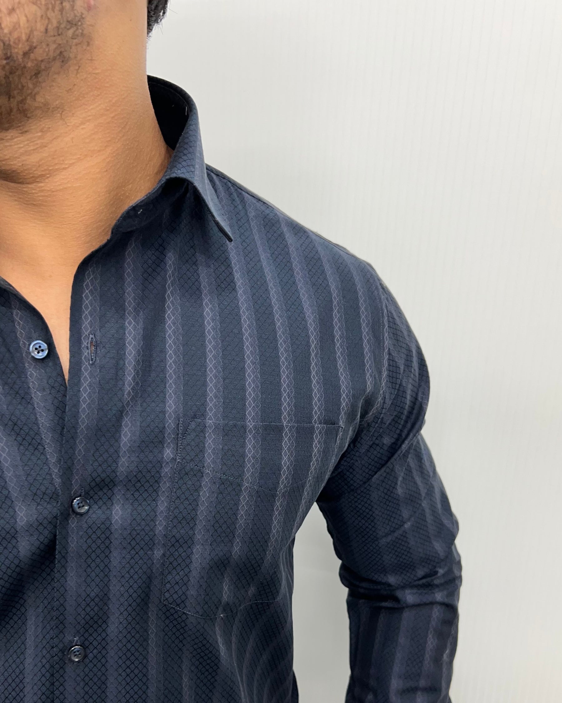 Blue Self Jacquard Striped Premium Giza Cotton Shirt