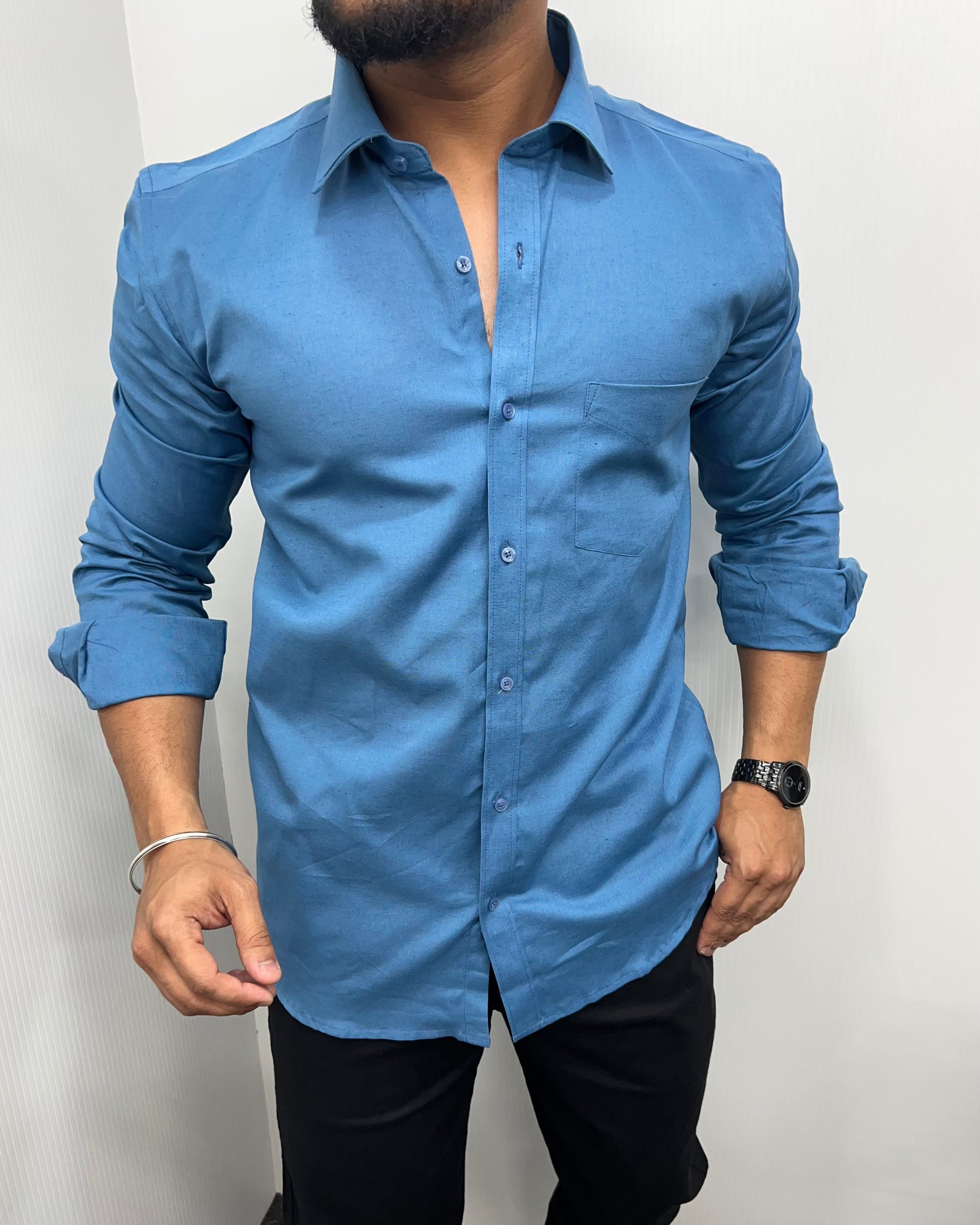 Pastel Blue Pure Cotton Linen Premium Full Sleeve Shirt