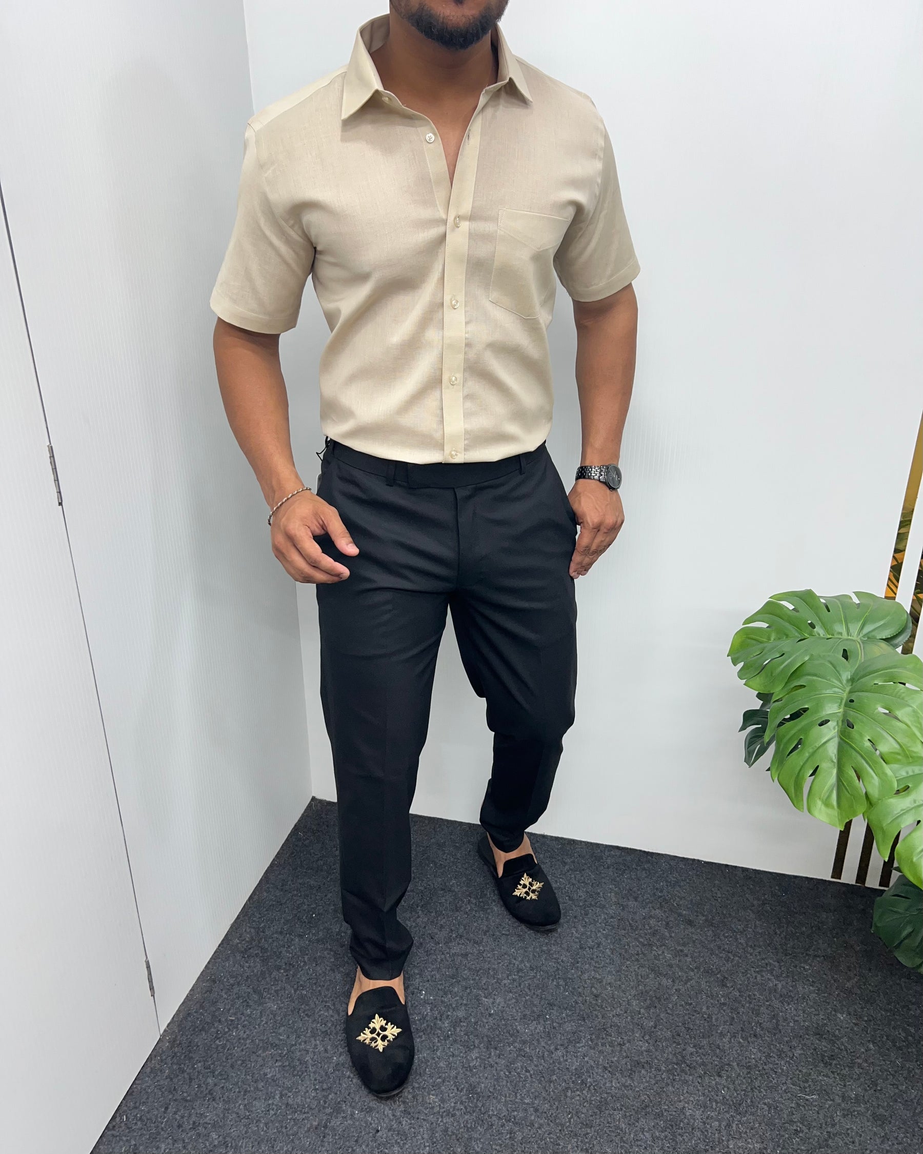 Beige Pure Cotton Linen Premium Half Sleeve Shirt