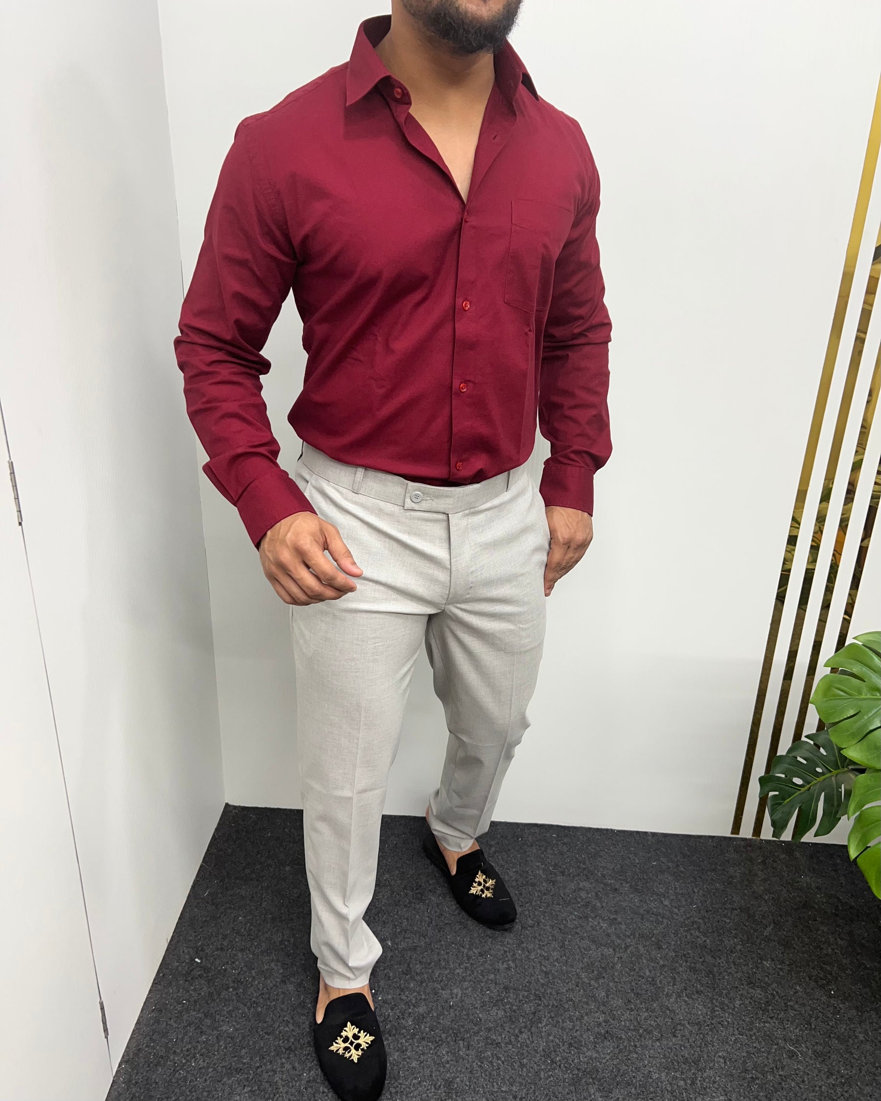 Red Maroon Business Class Oxford Lycra Formal Shirt