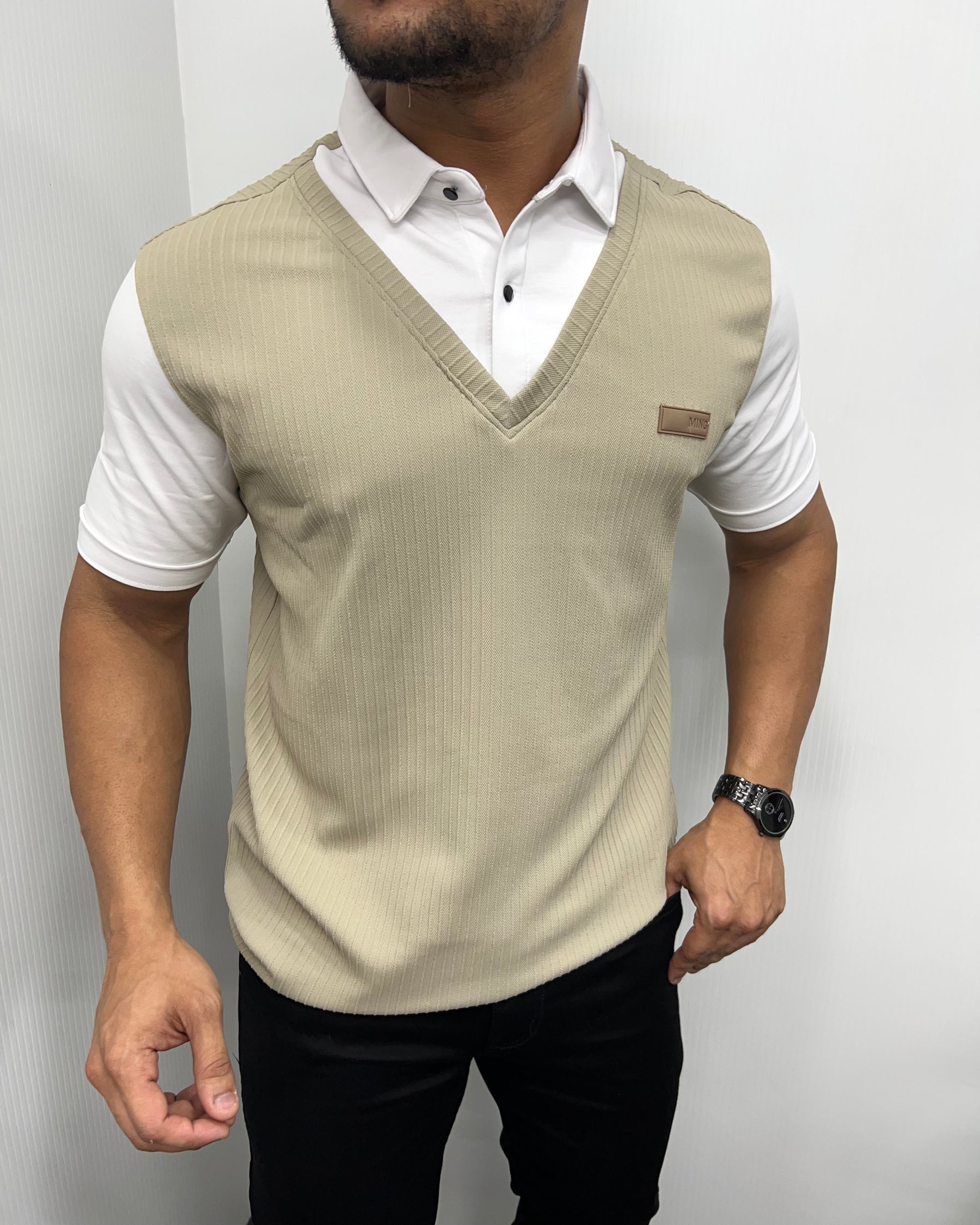 Beige & White Plaid T-Shirt