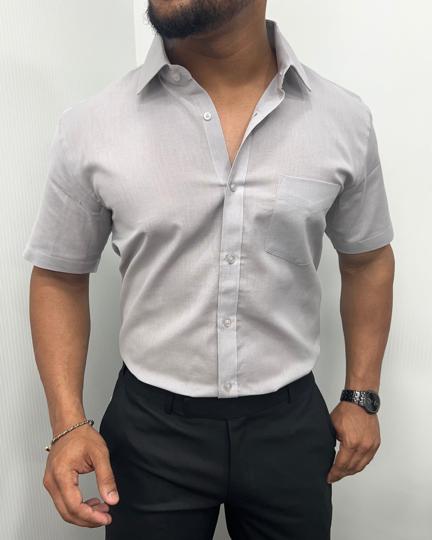 Light Gray Pure Cotton Linen Premium Half Sleeve Shirt