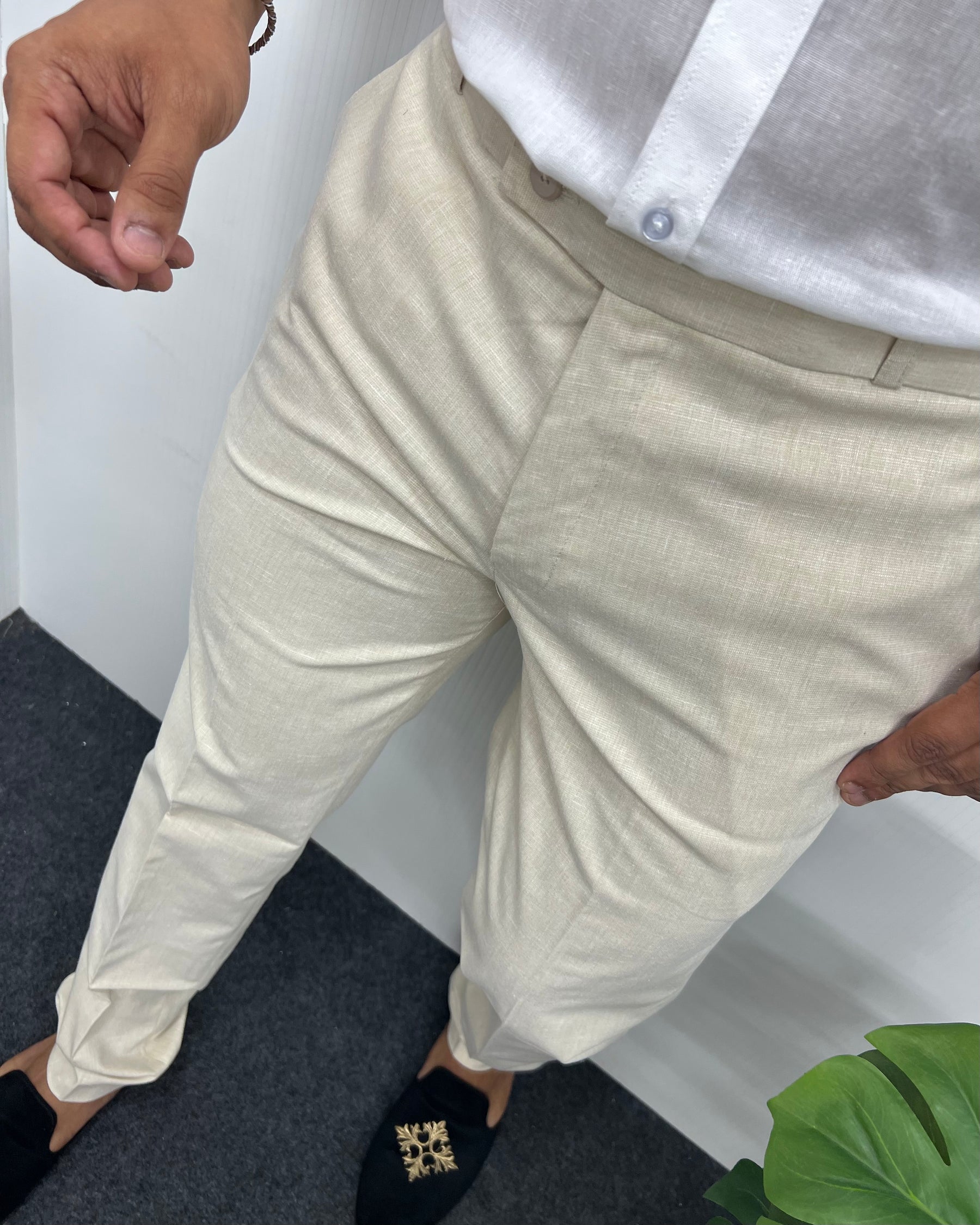Cream Heavy Quality Linen Blend Formal Pant