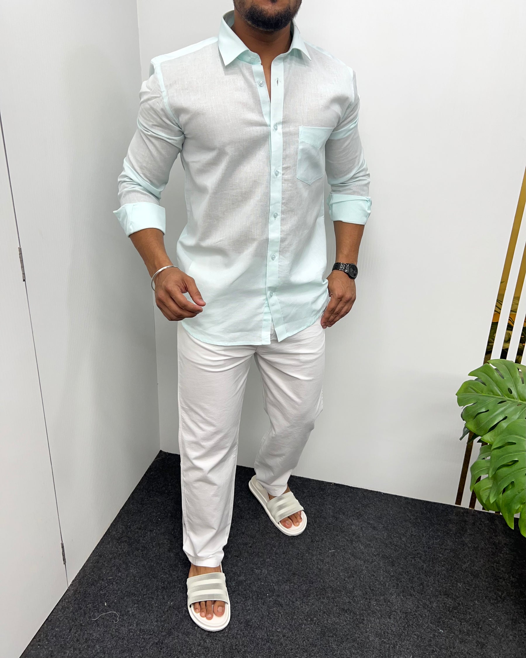 Mint Pure Cotton Linen Premium Full Sleeve Shirt