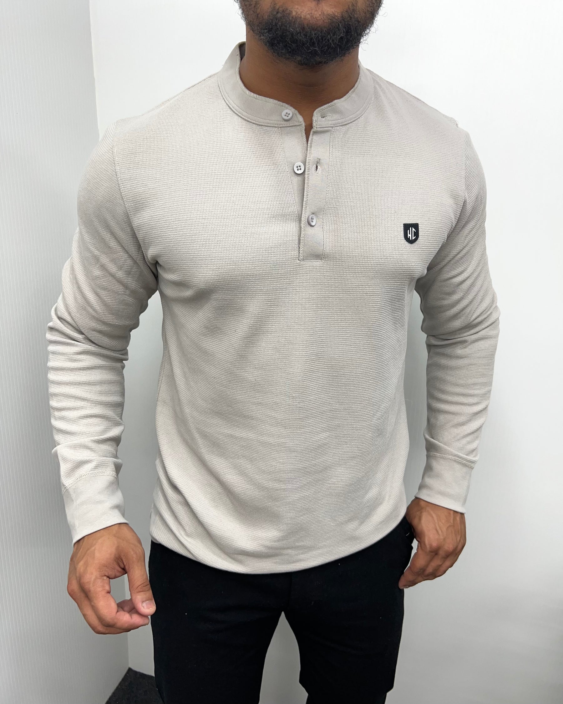 Light Gray Premium Cotton Waffle Henley Neck Full Sleeve T-Shirt