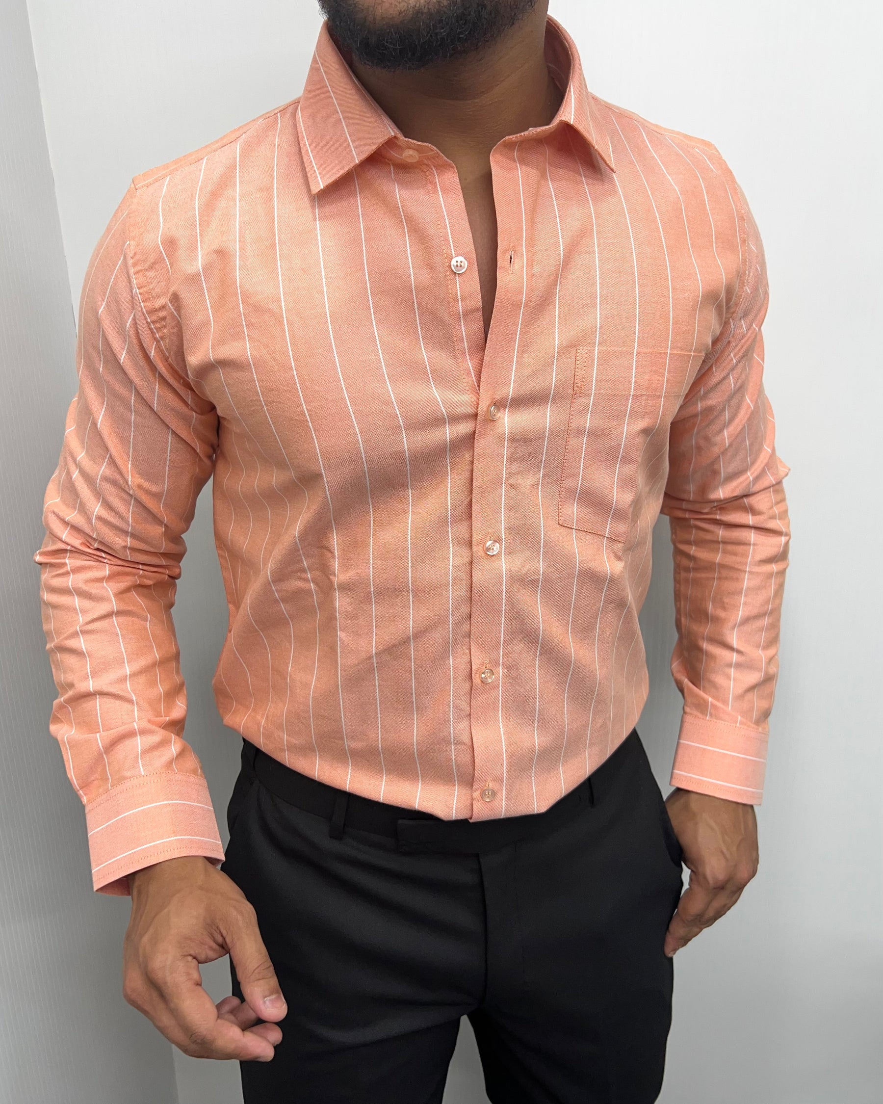 Pastel Orange Oxford Premium Fine Cotton Vertical Striped Shirt