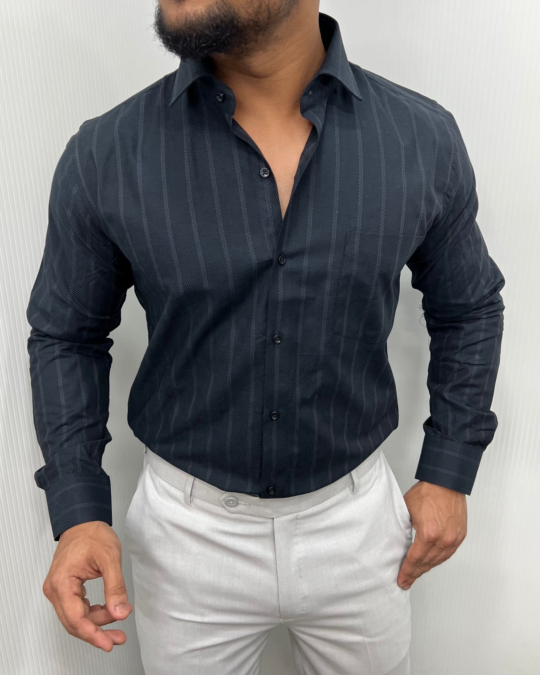 Blue Self Striped Premium Giza Cotton Shirt