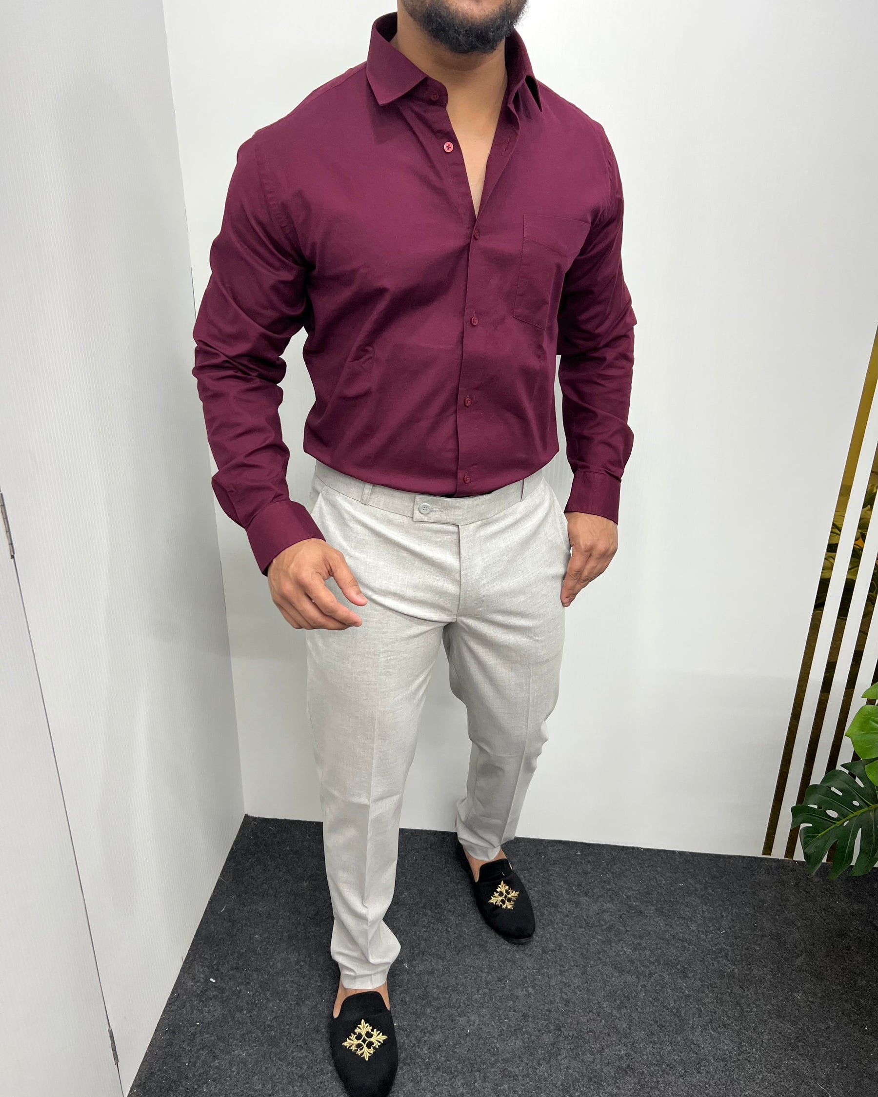Maroon Business Class Oxford Lycra Formal Shirt