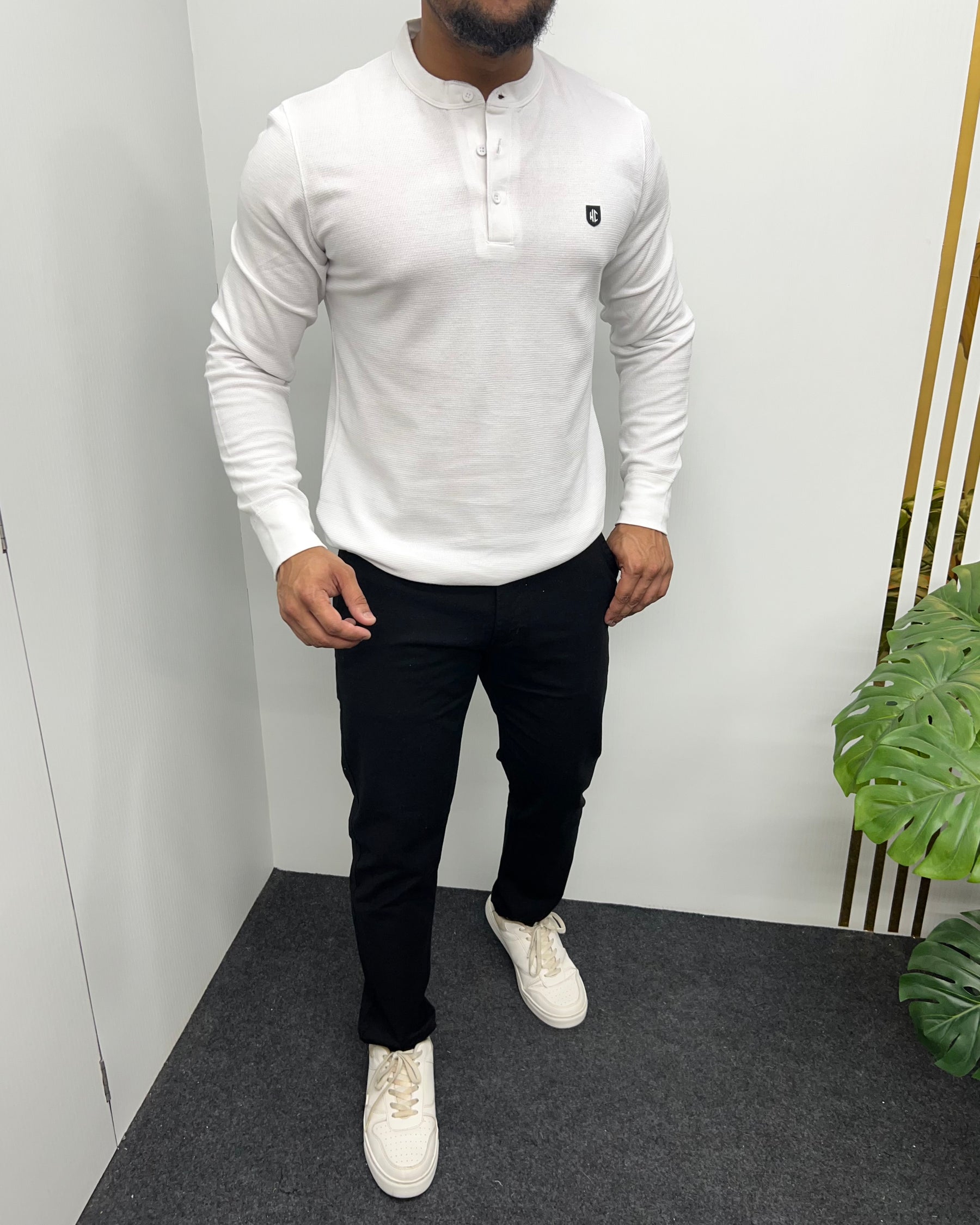 White Premium Cotton Waffle Henley Neck Full Sleeve T-Shirt