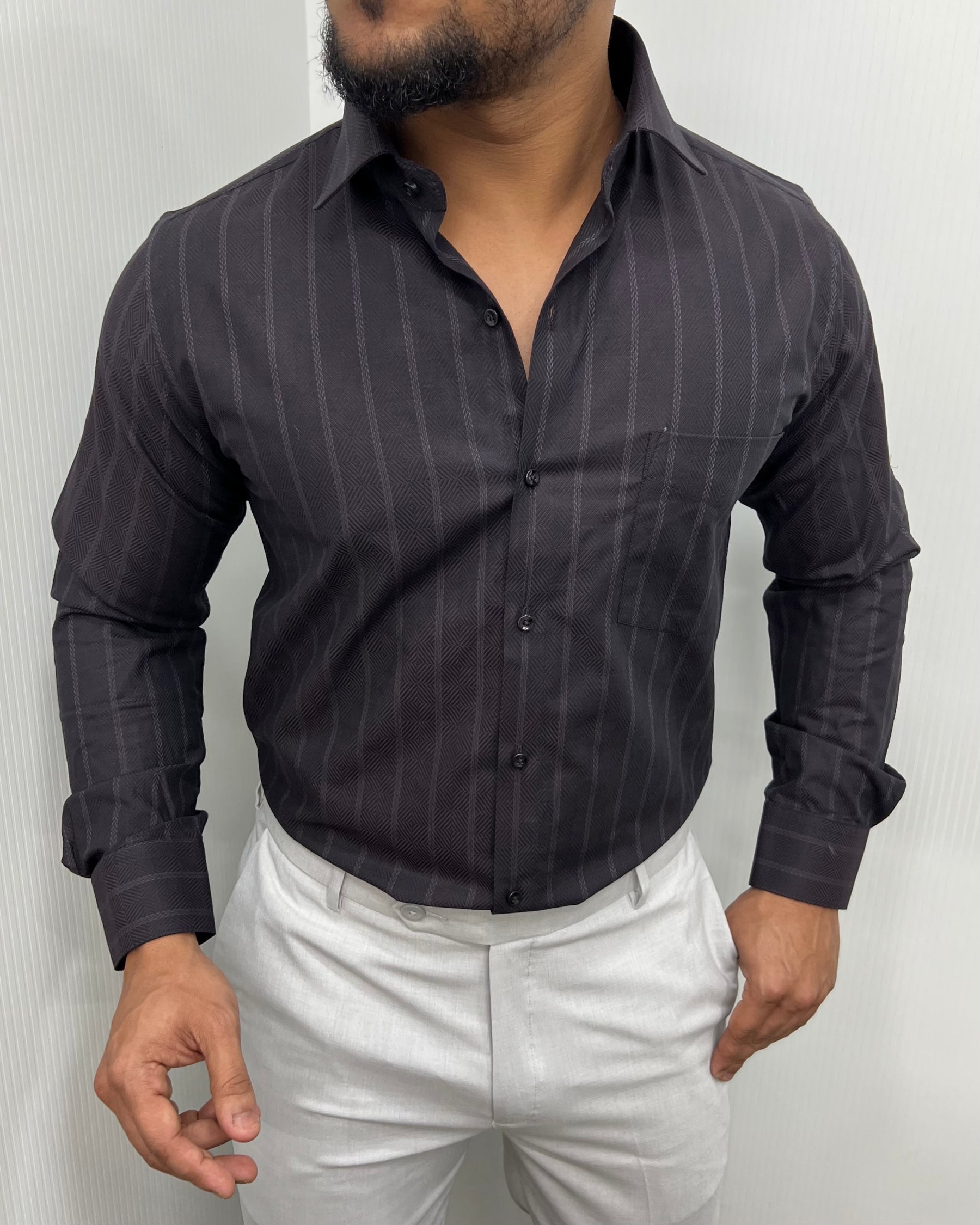Brown Self Striped Premium Giza Cotton Shirt