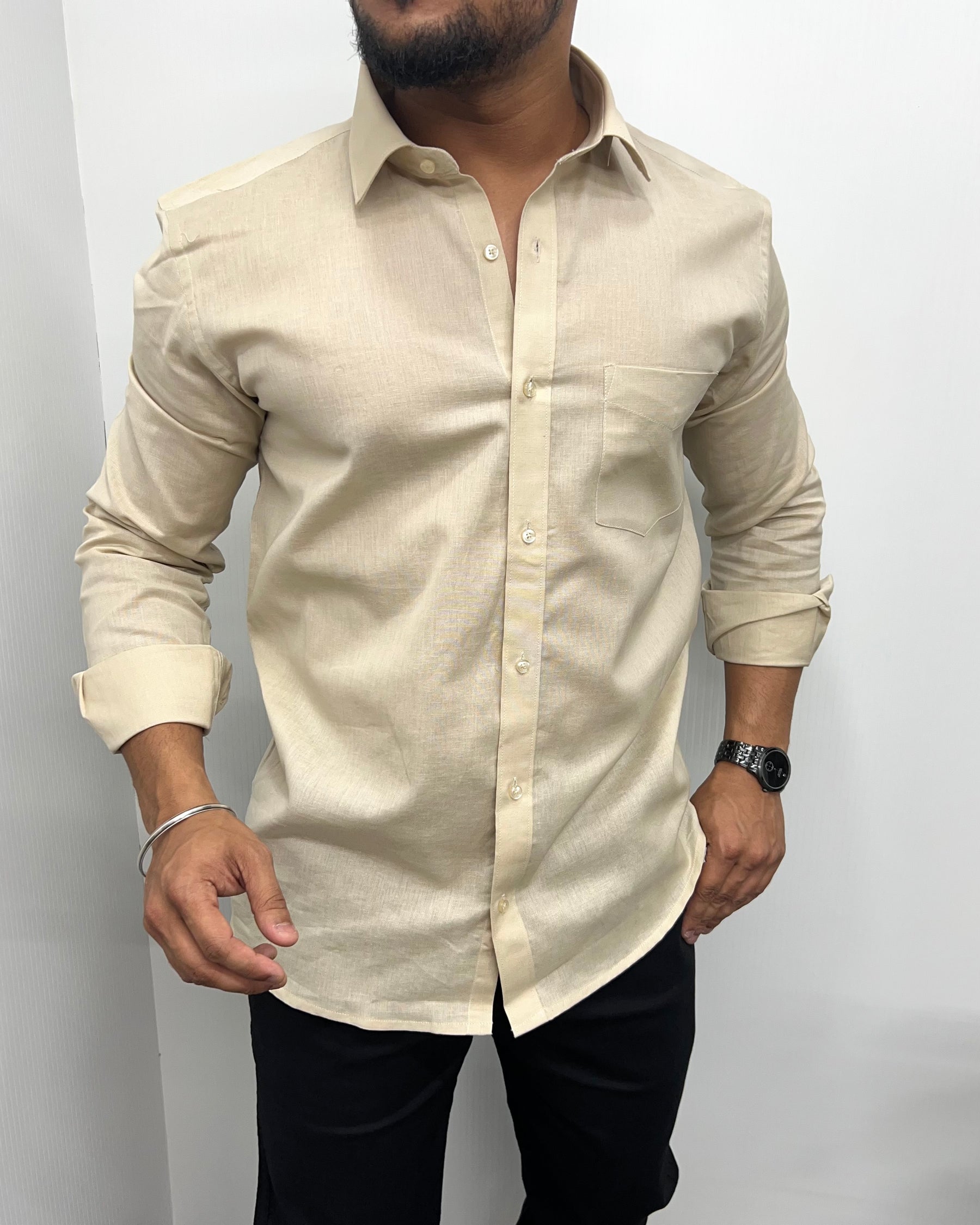 Beige Pure Cotton Linen Premium Full Sleeve Shirt