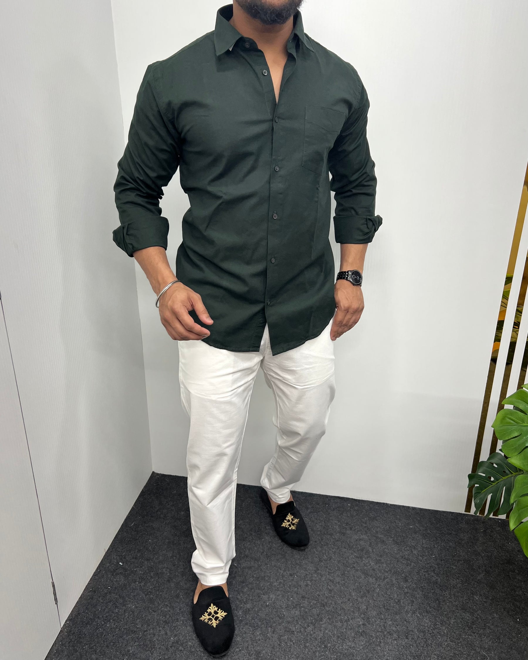 Bottle Green Business Class Oxford Lycra Formal Shirt