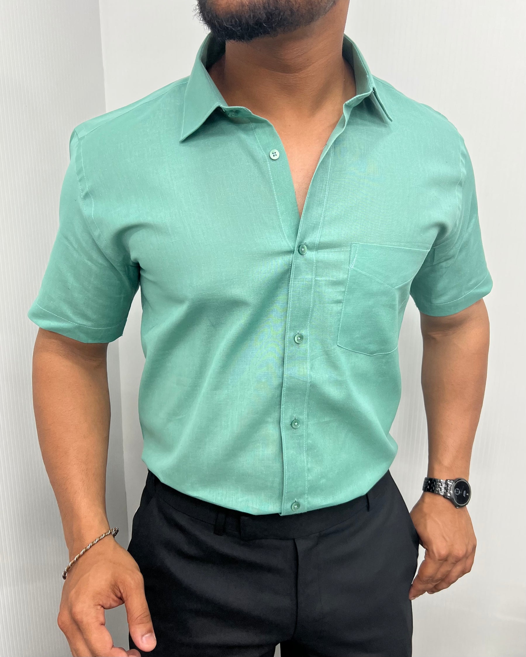 Mint Green Pure Cotton Linen Premium Half Sleeve Shirt