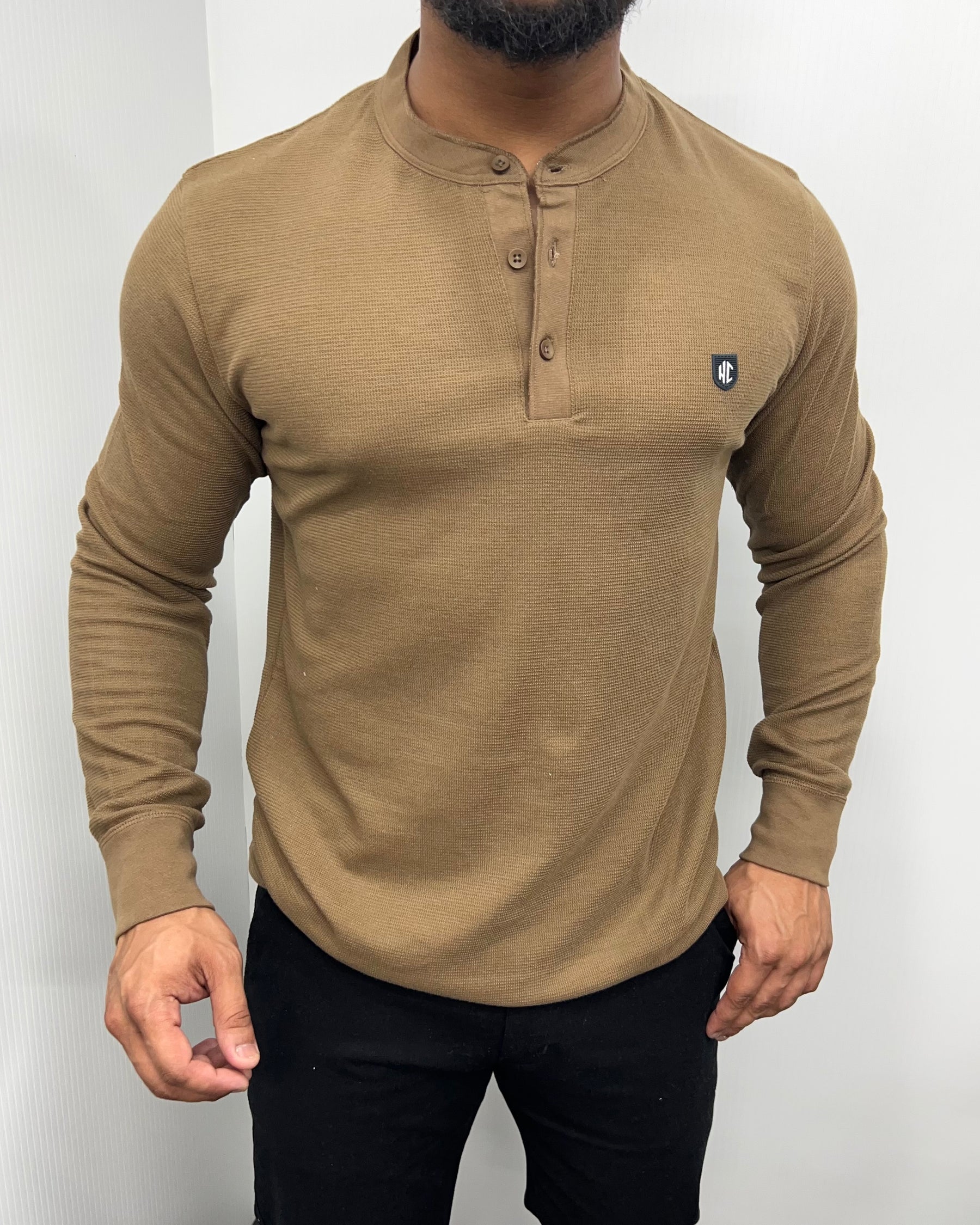 Brown Premium Cotton Waffle Henley Neck Full Sleeve T-Shirt