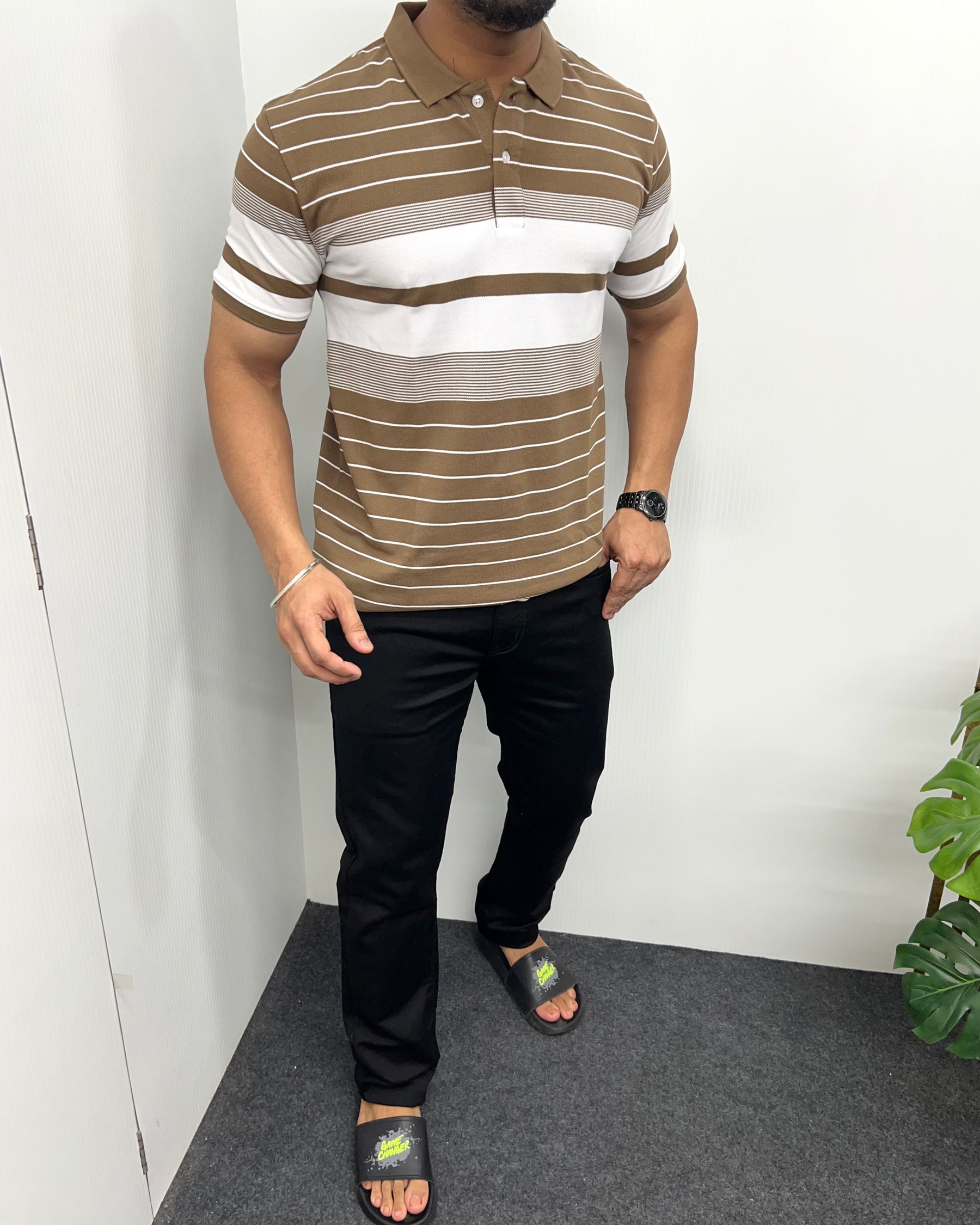 Khaki Collar Matty Striped T-Shirt