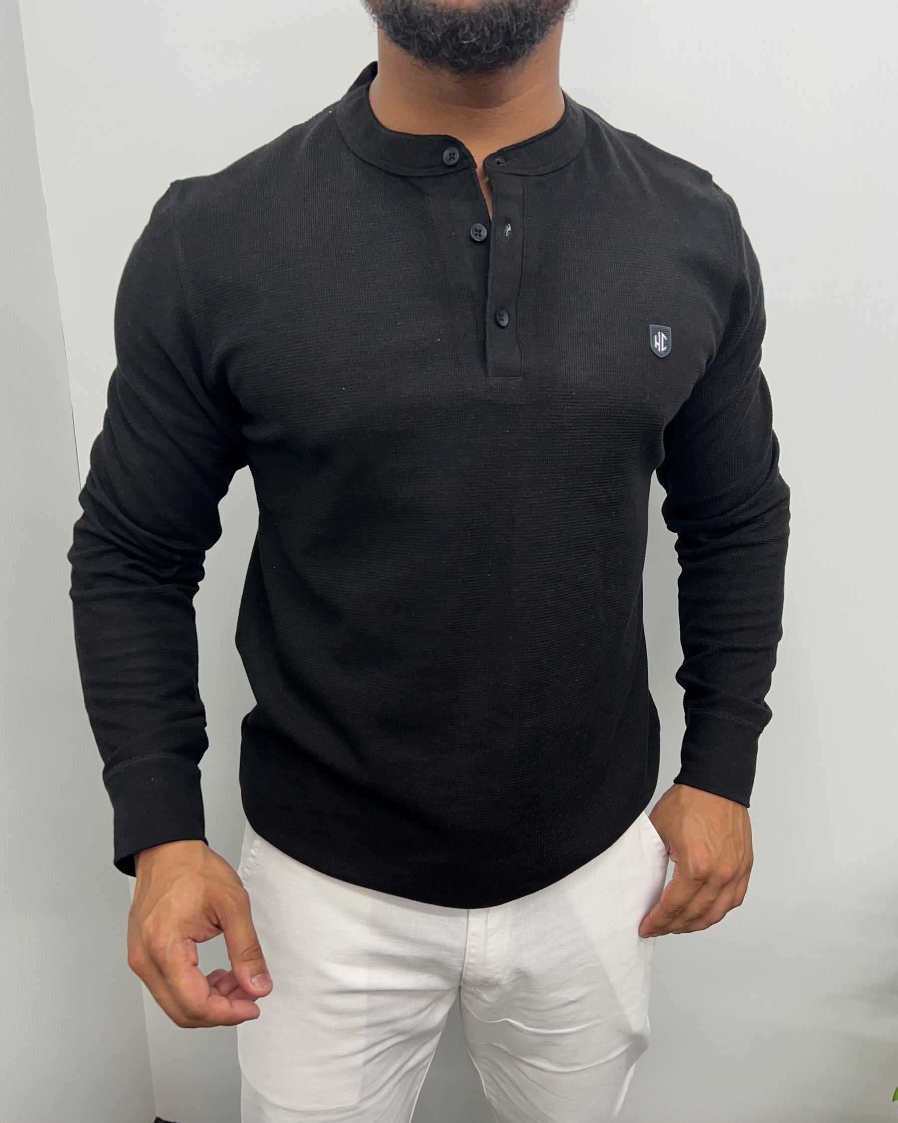 Black Premium Cotton Waffle Henley Neck Full Sleeve T-Shirt