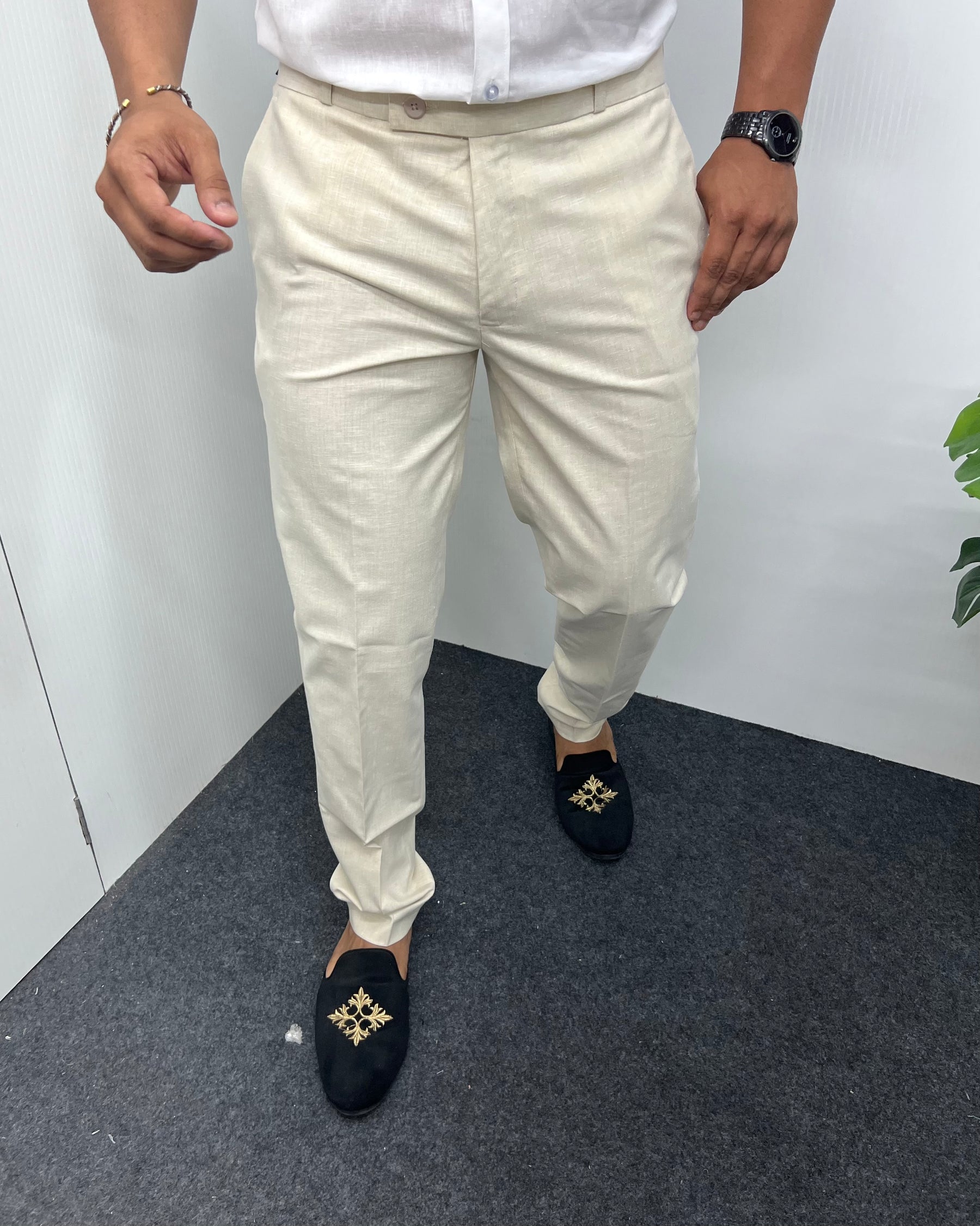 Cream Heavy Quality Linen Blend Formal Pant